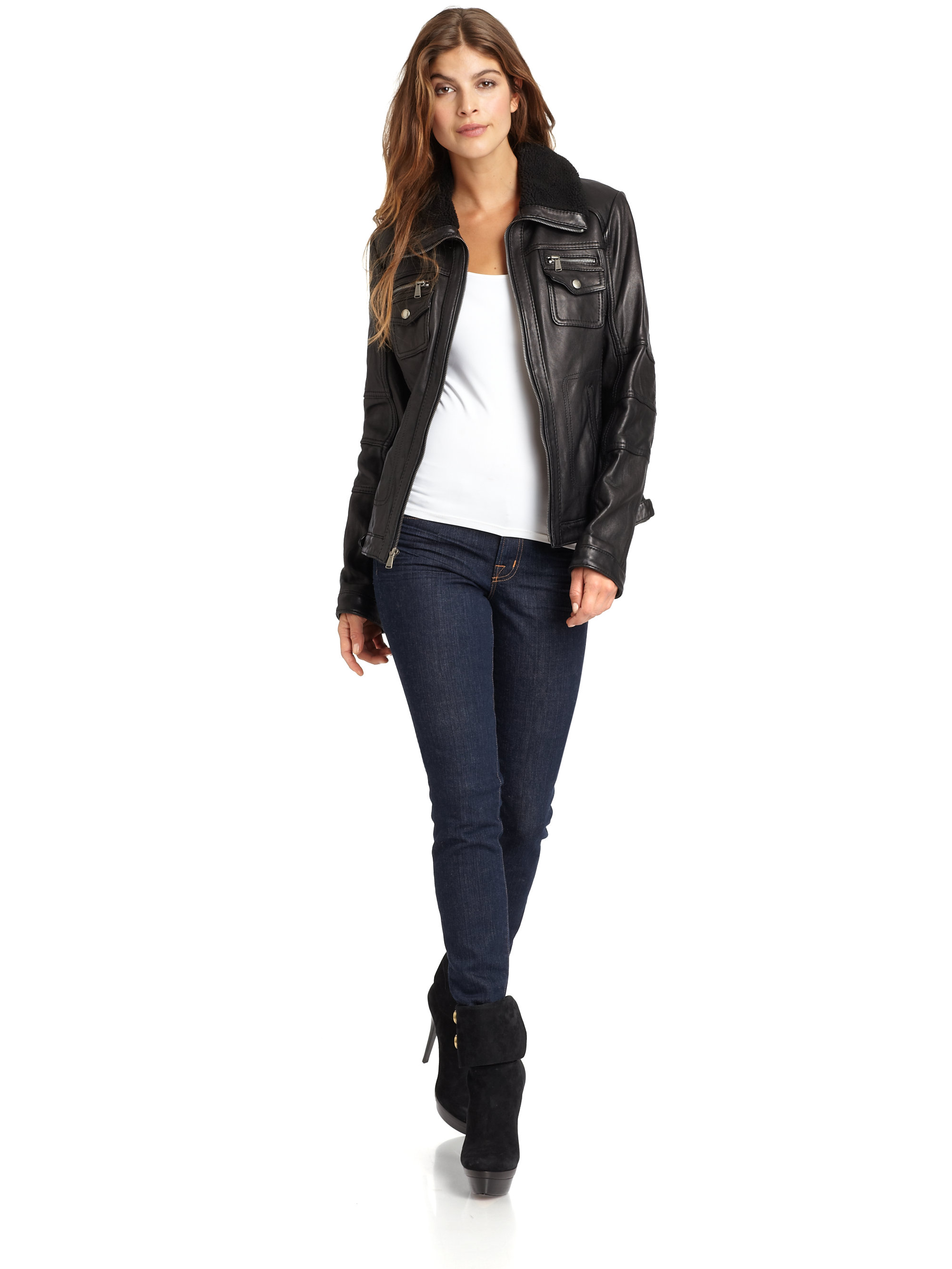 Michael Kors Missy Ribbed Collar Leather Jacket In Black Gallery