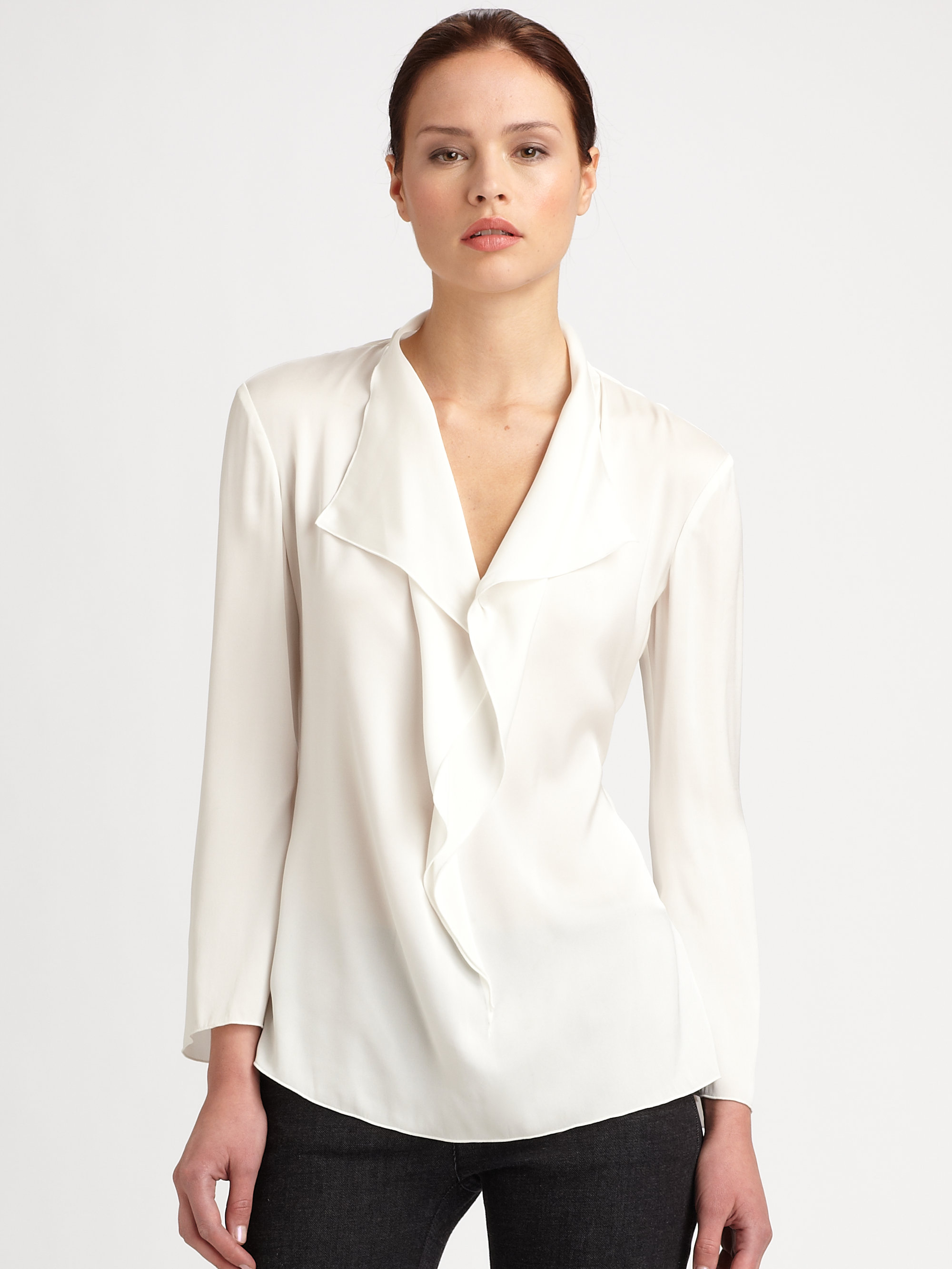 Armani Silk Ruffle Blouse in White | Lyst