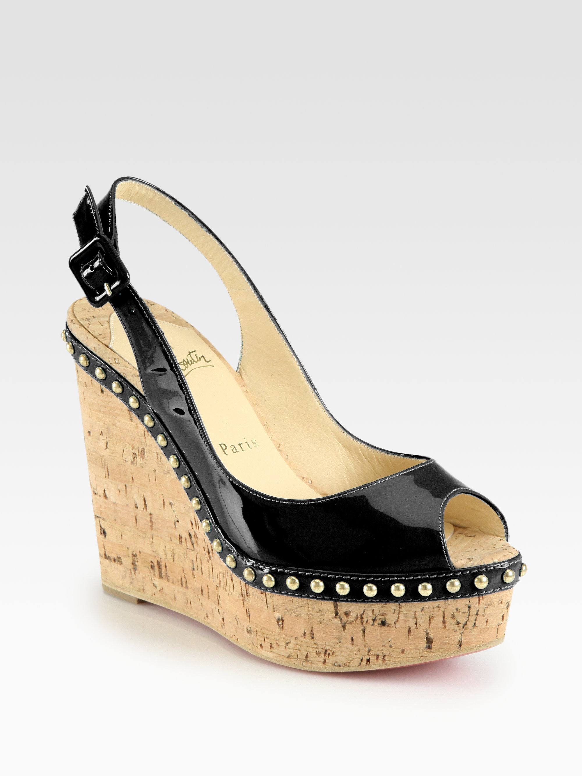 Christian Louboutin Monico Studded Patent Leather Cork Wedge Slingbacks ...