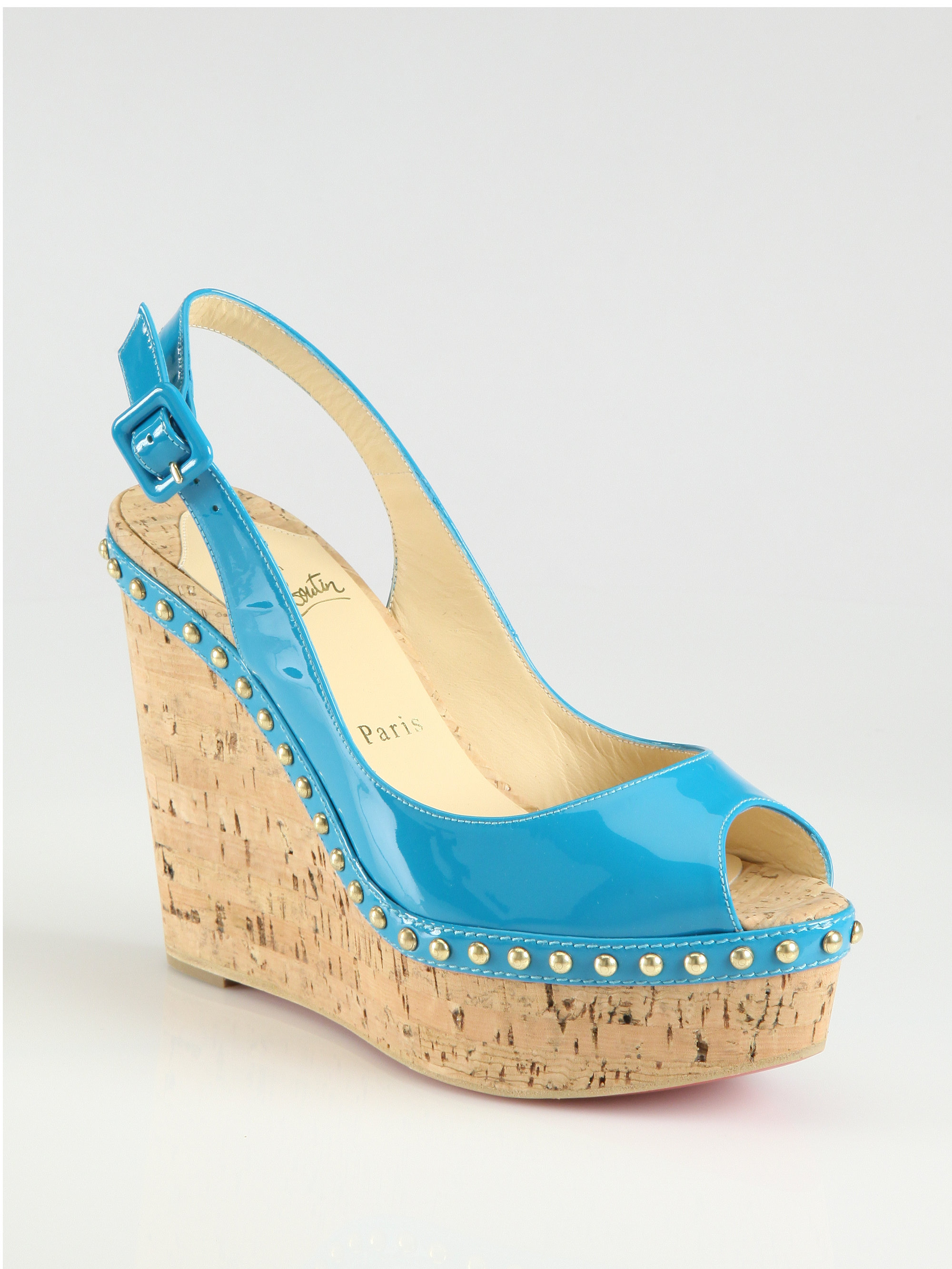 Christian louboutin Monico Studded Patent Leather Cork Wedge ...