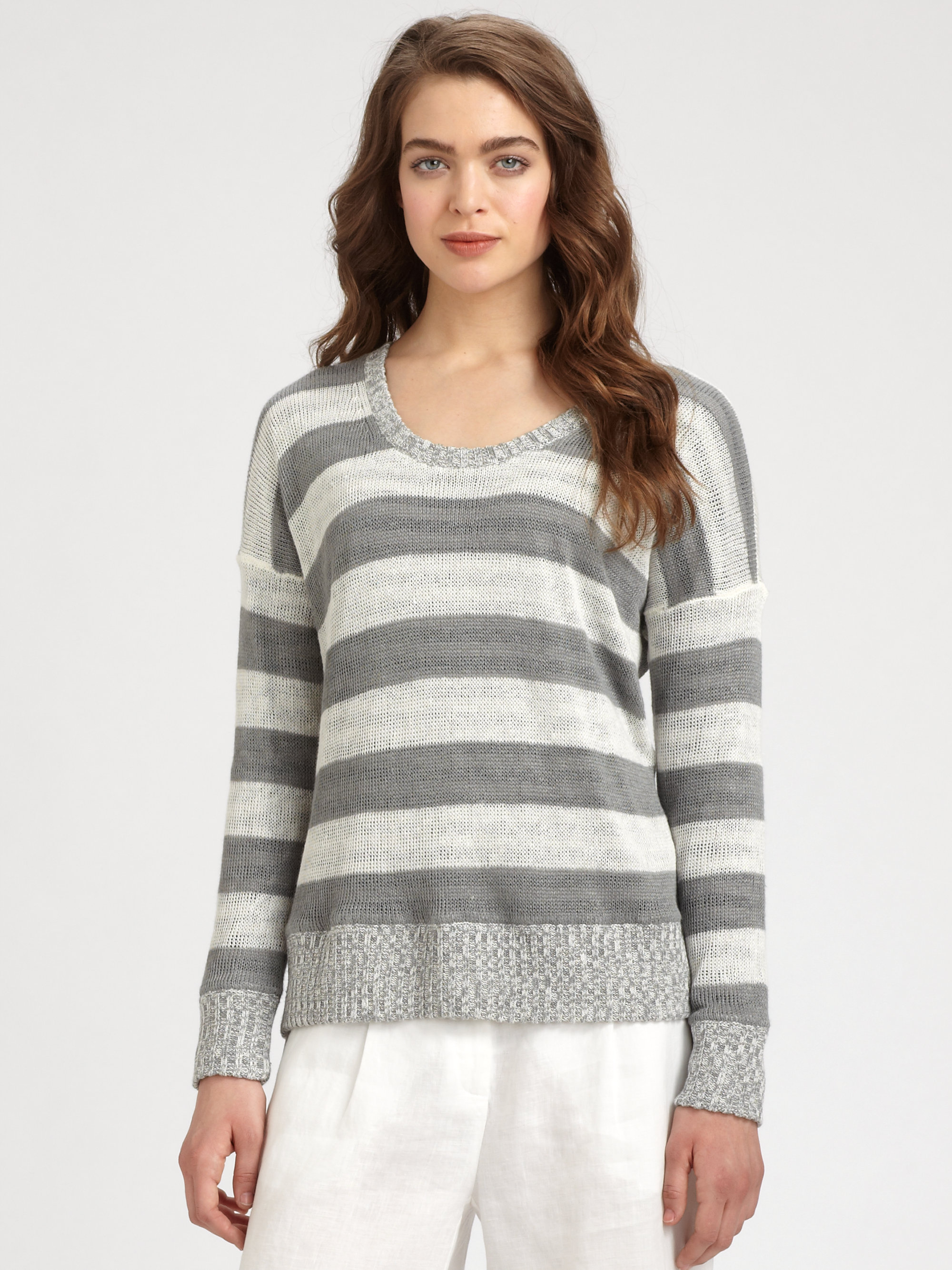 Lyst - Eileen Fisher Linen Striped Jersey and Knit Combo Top in Gray