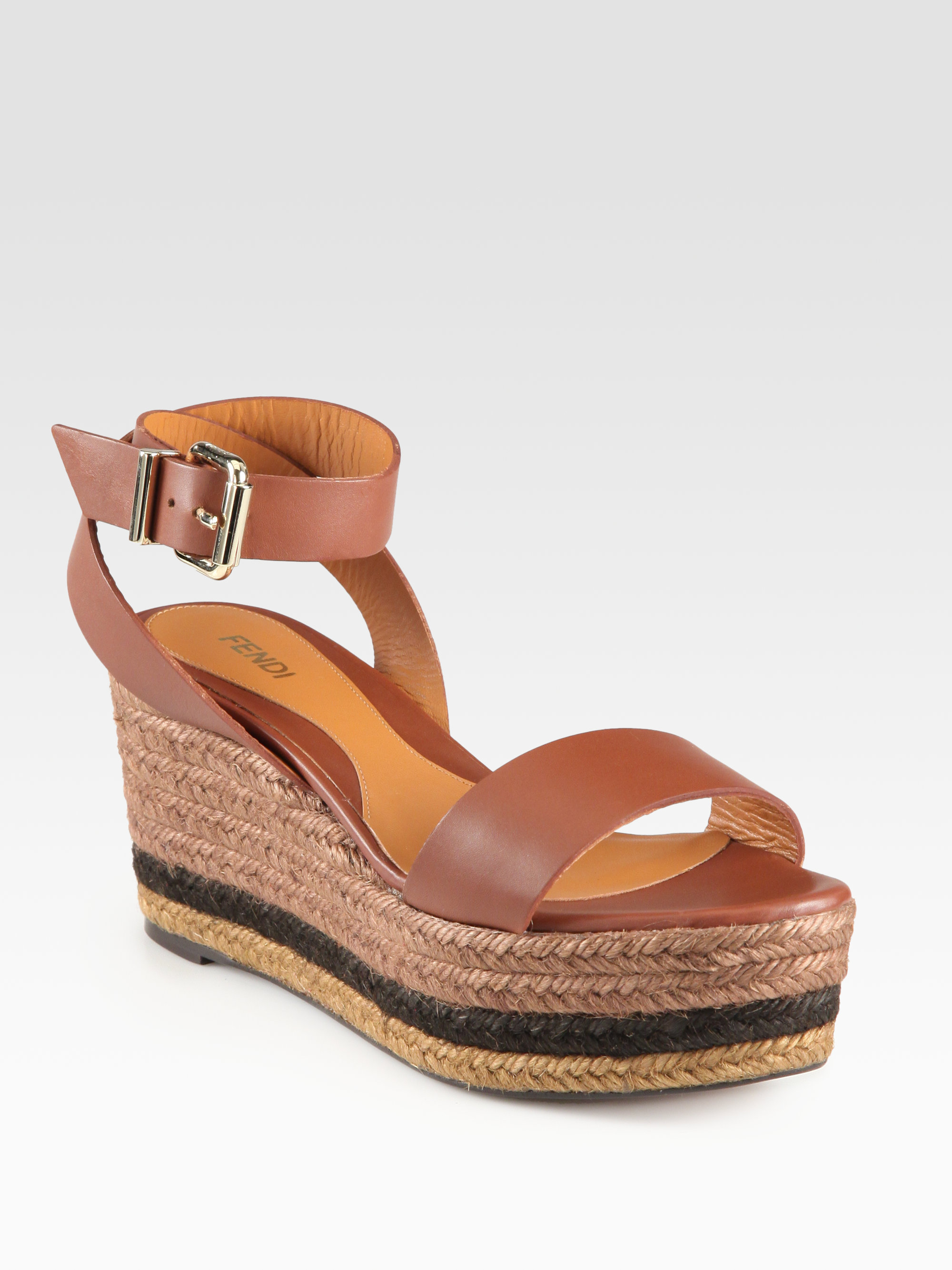Fendi Pequin Leather Ankle Strap Espadrille Wedge Sandals in Brown ...
