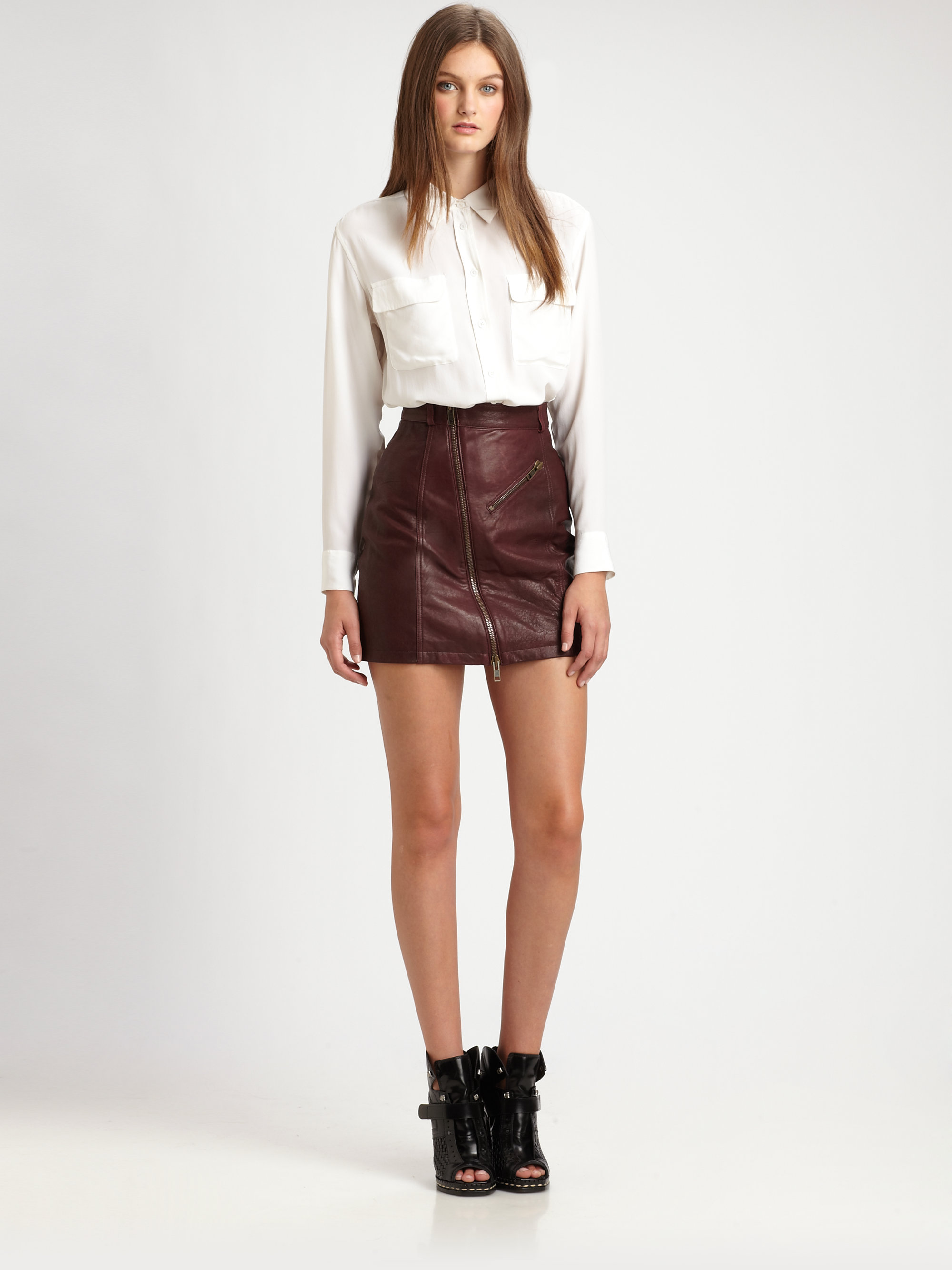 Lyst Mcq Leather Mini Pencil Skirt In Brown 