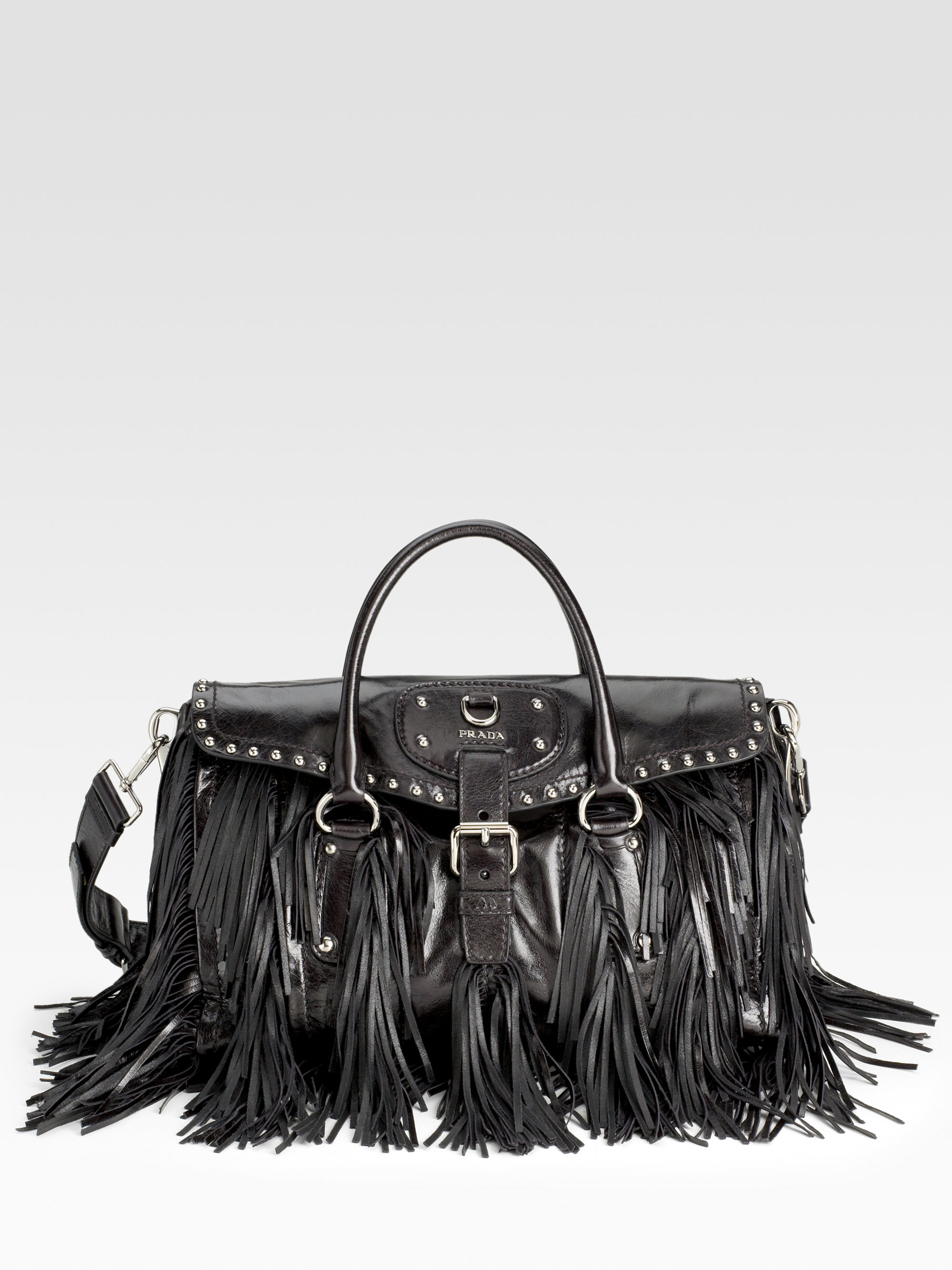 Prada Vitello Shine Fringed Satchel in Black | Lyst