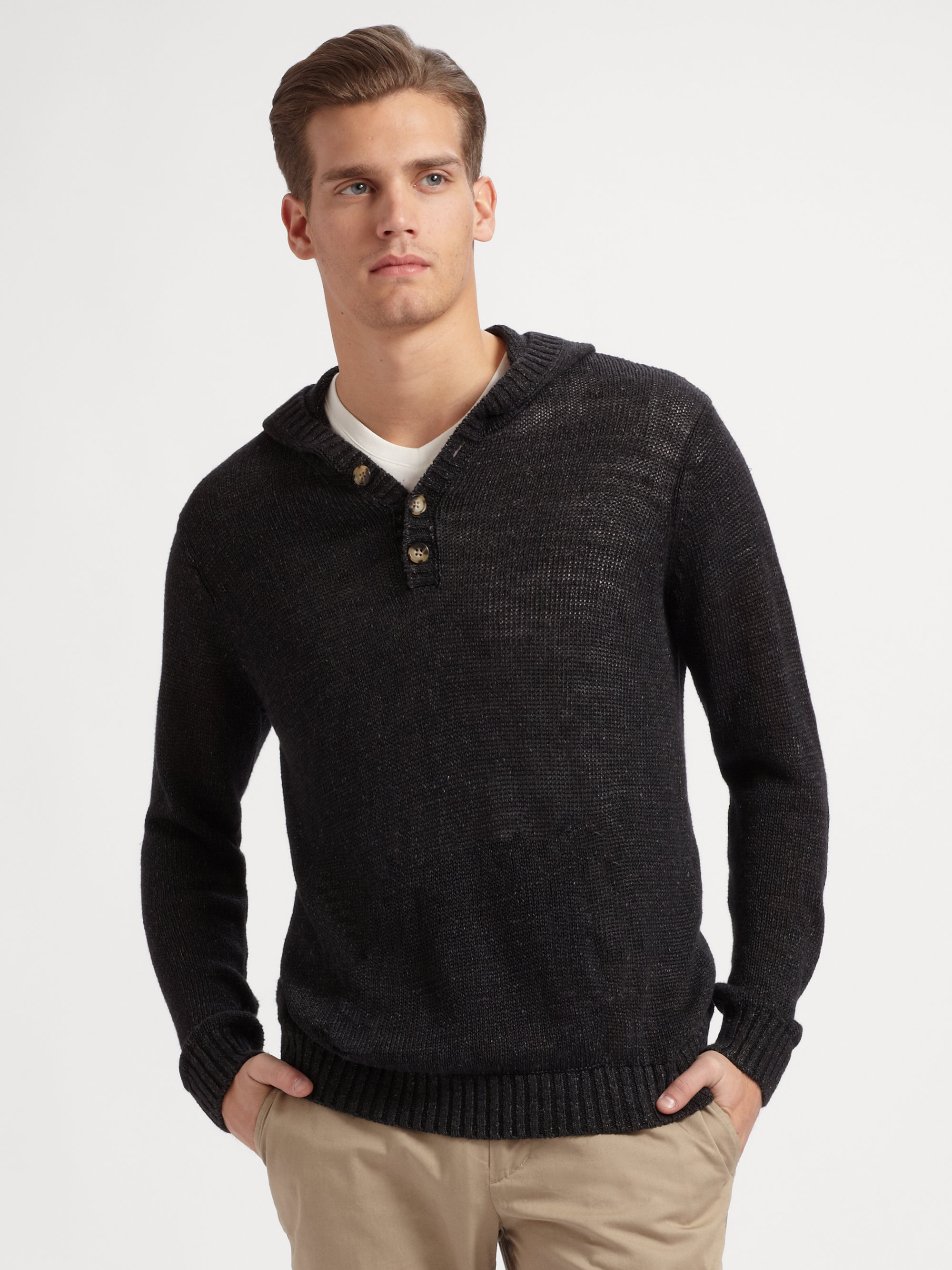 Vince Hooded Linen Henley Sweater in Black for Men | Lyst