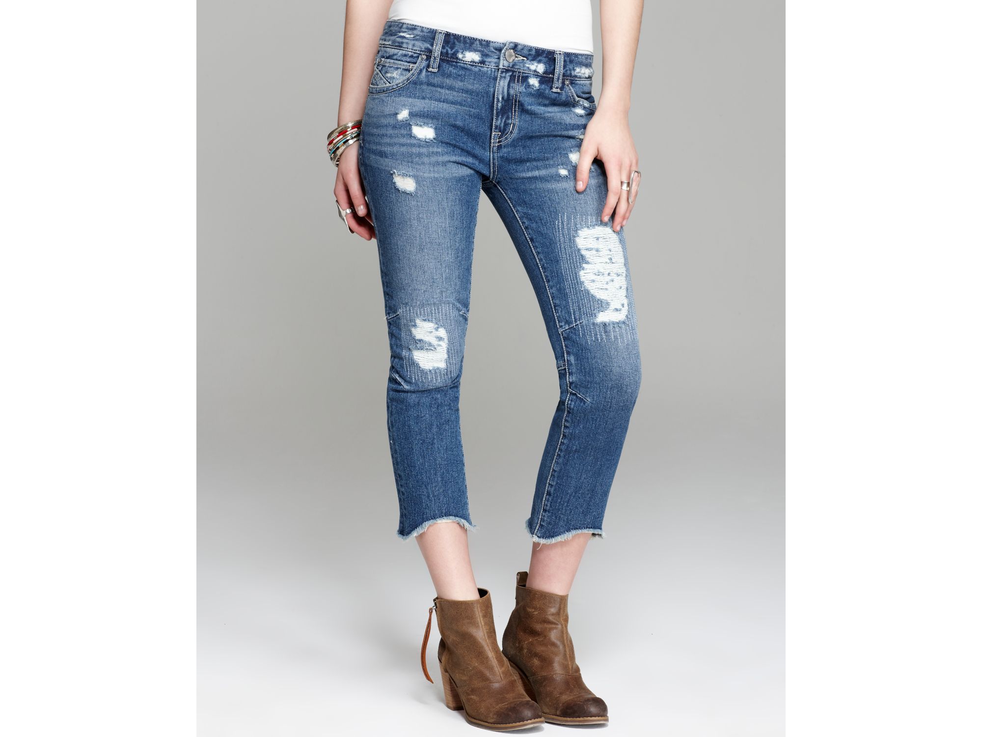 Free People Jeans Rugged Ripped Denim Cropped Boyfriend in True Blue in ...