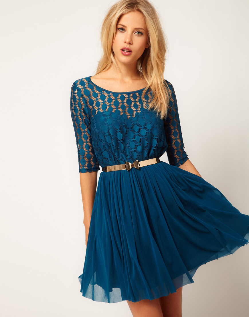 Asos collection Asos Skater Dress in Spot Lace Mesh Skirt in Blue | Lyst