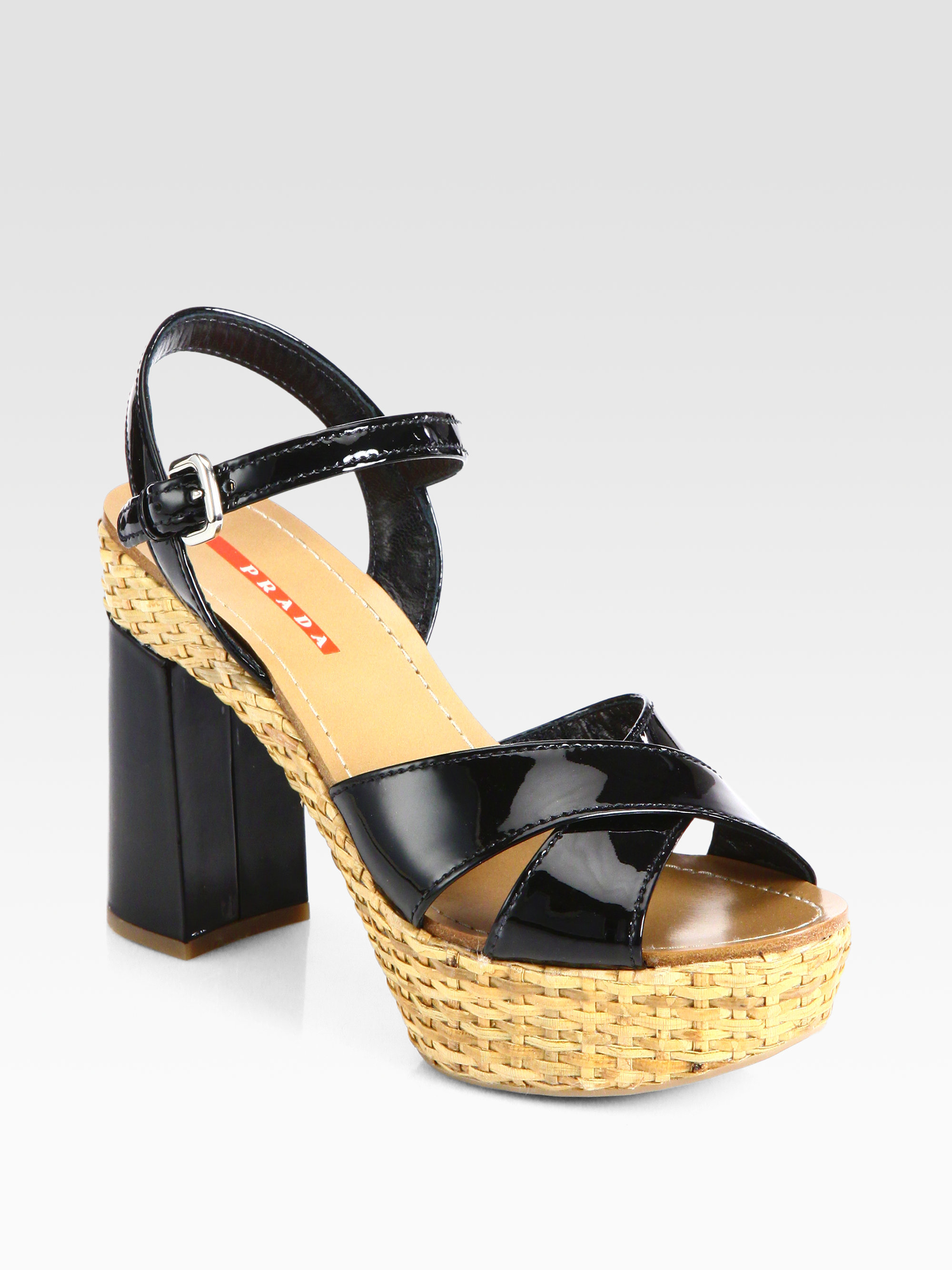 Lyst - Prada Crisscross Patent Leather Wicker Platform Sandals in Black