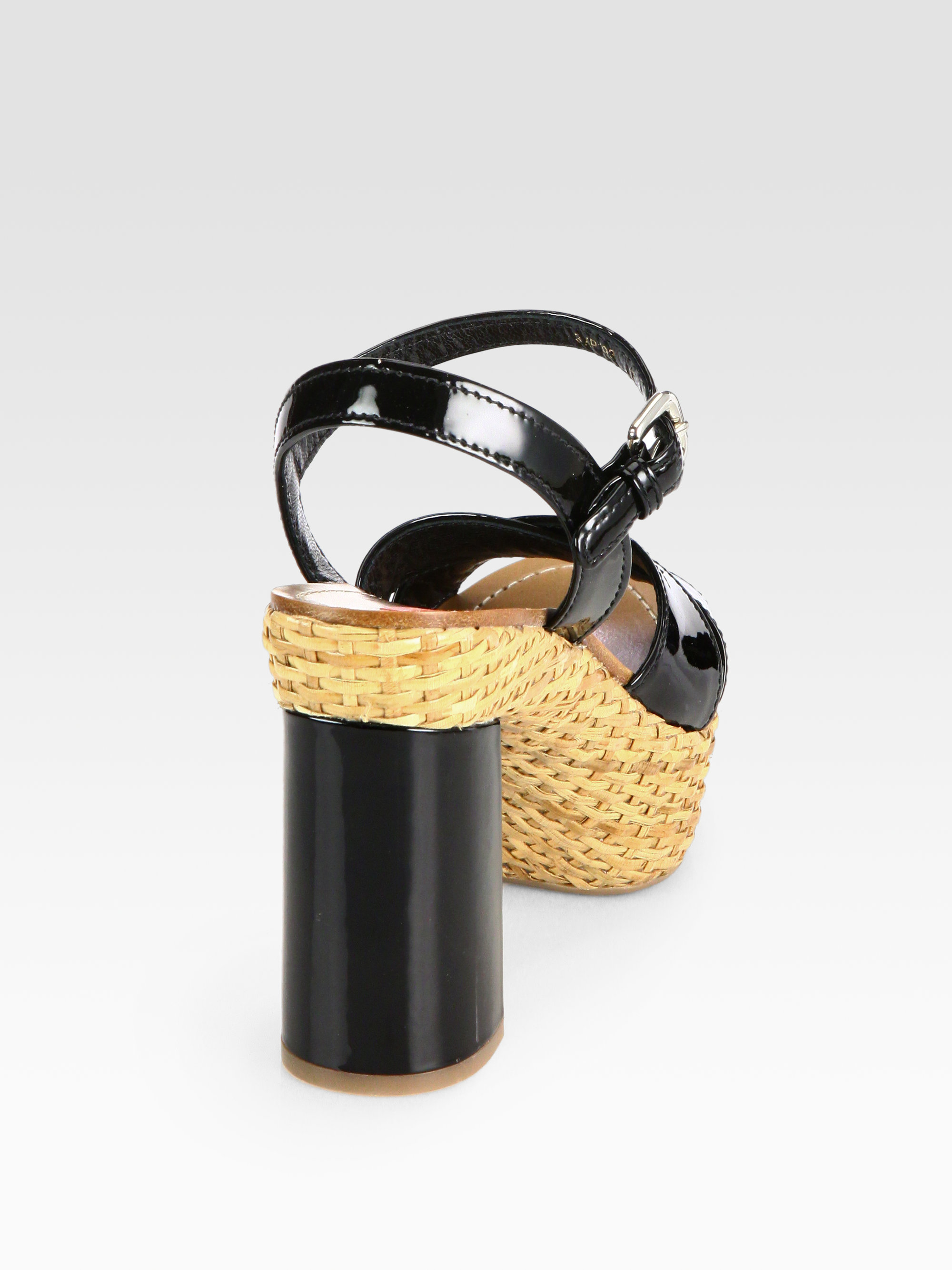 Lyst - Prada Crisscross Patent Leather Wicker Platform Sandals in Black