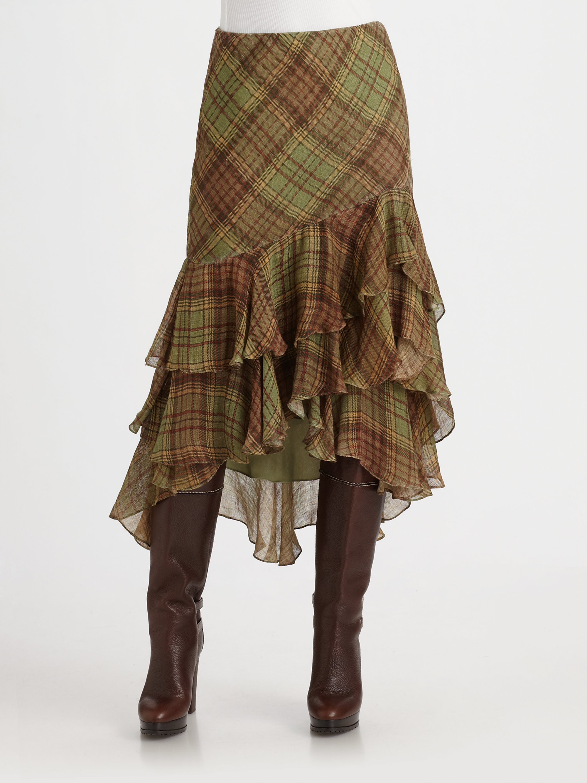 Lyst - Ralph Lauren Blue Label Plaid Linen Skirt in Brown