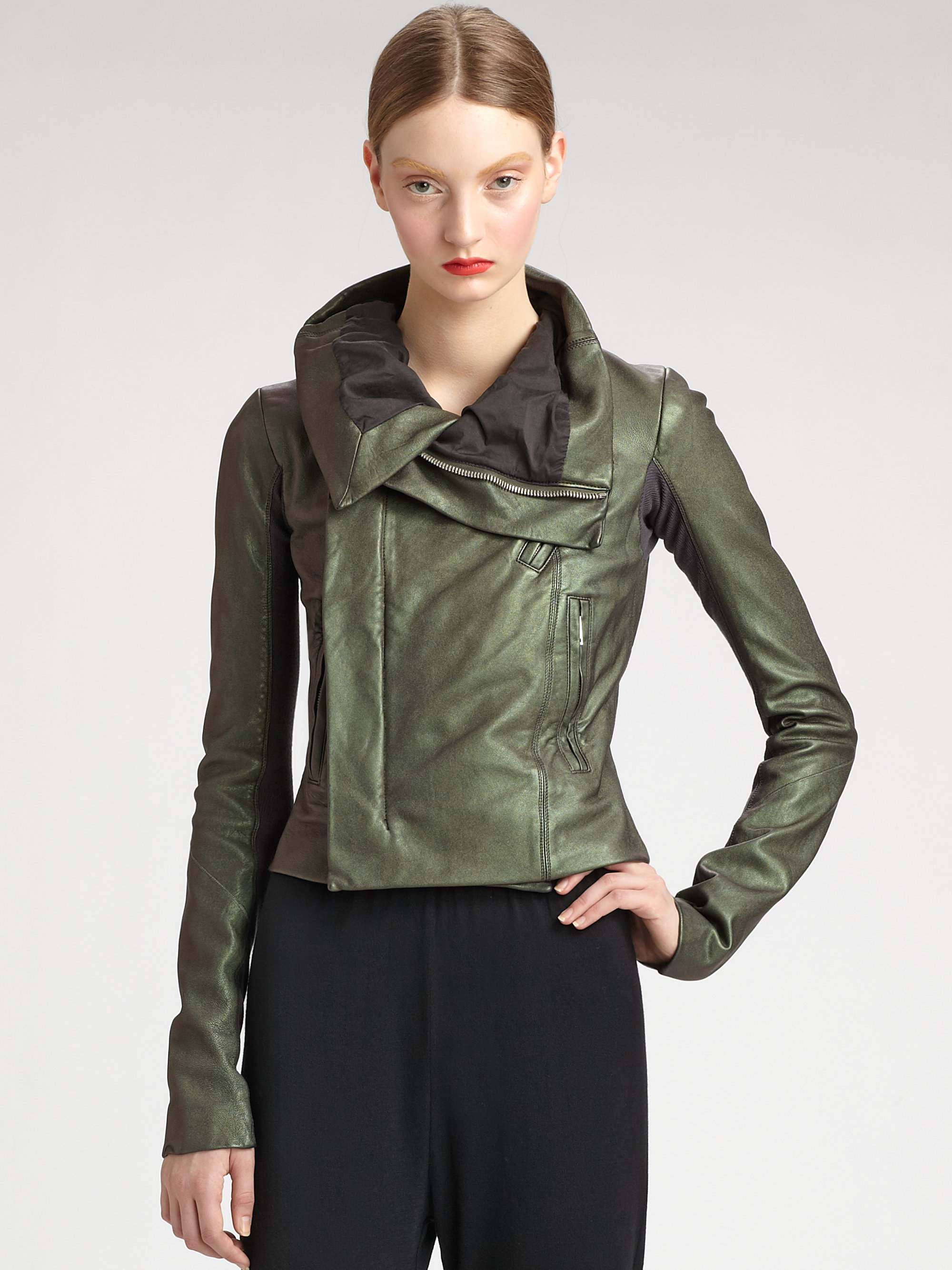 Lyst Rick Owens Leather Biker Jacket In Green Gallery
