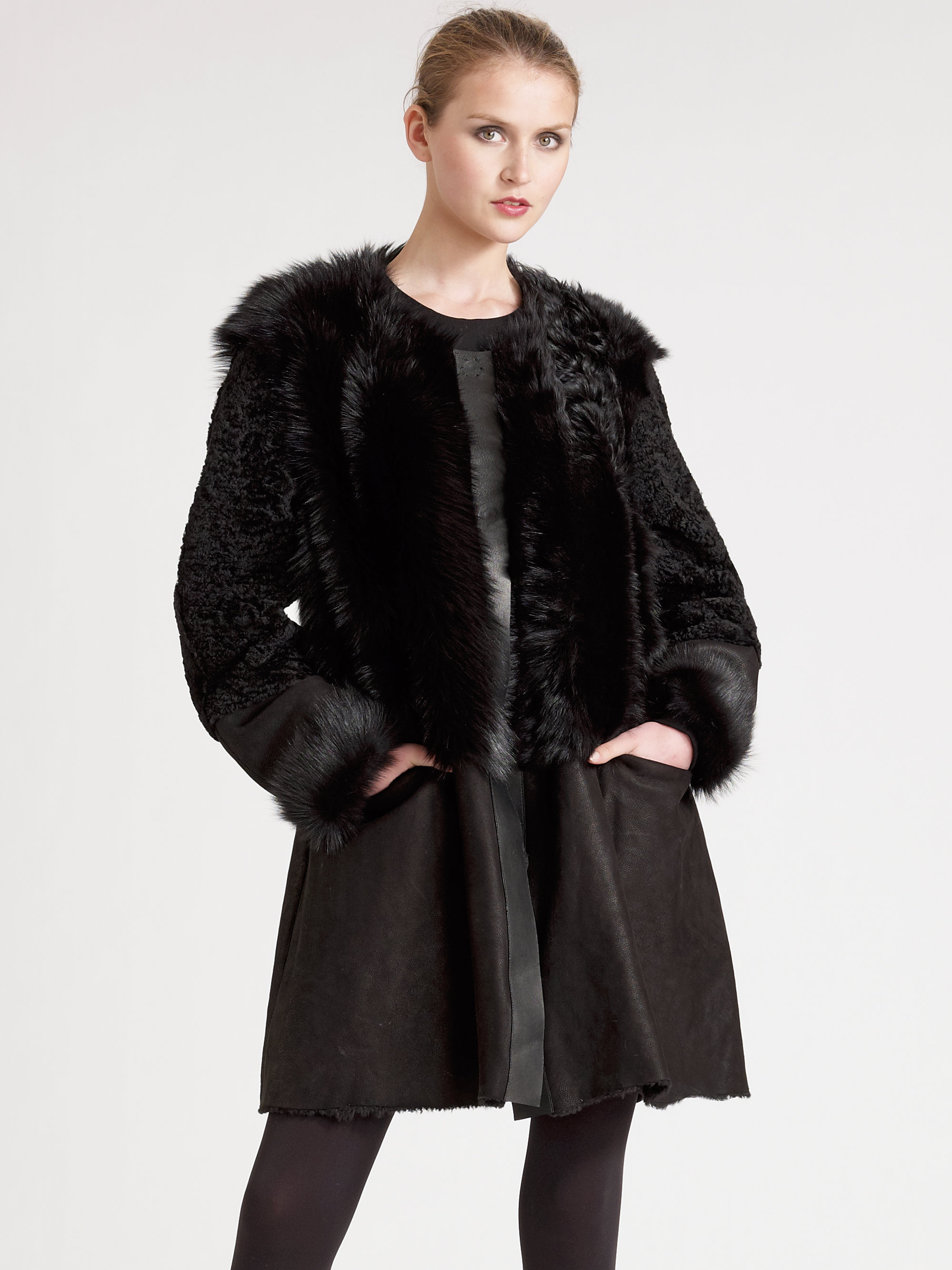 Donna karan Lamb Shearling Coat in Black | Lyst
