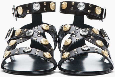 Versace Black Leater Studded Flat Sandals in Black | Lyst