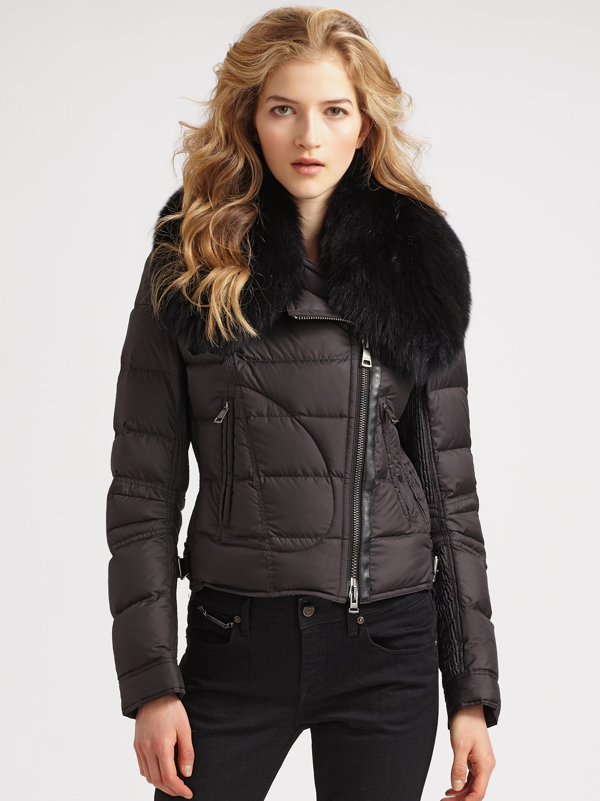 Burberry brit Fur Trimmed Asymmetrical Zip Puffer Jacket in Black | Lyst