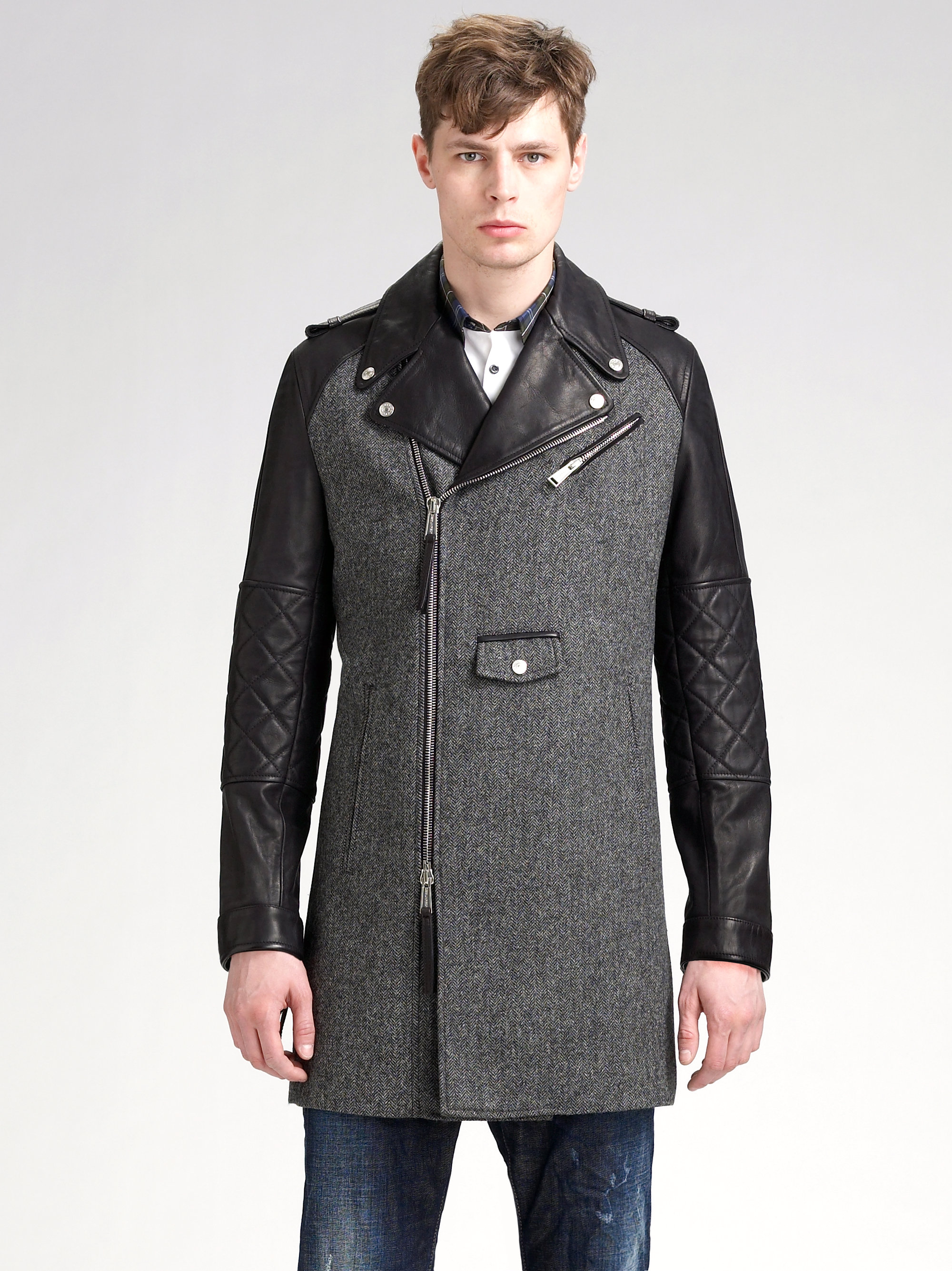 Dsquared² Herringbone Leather Coat in Gray for Men Lyst