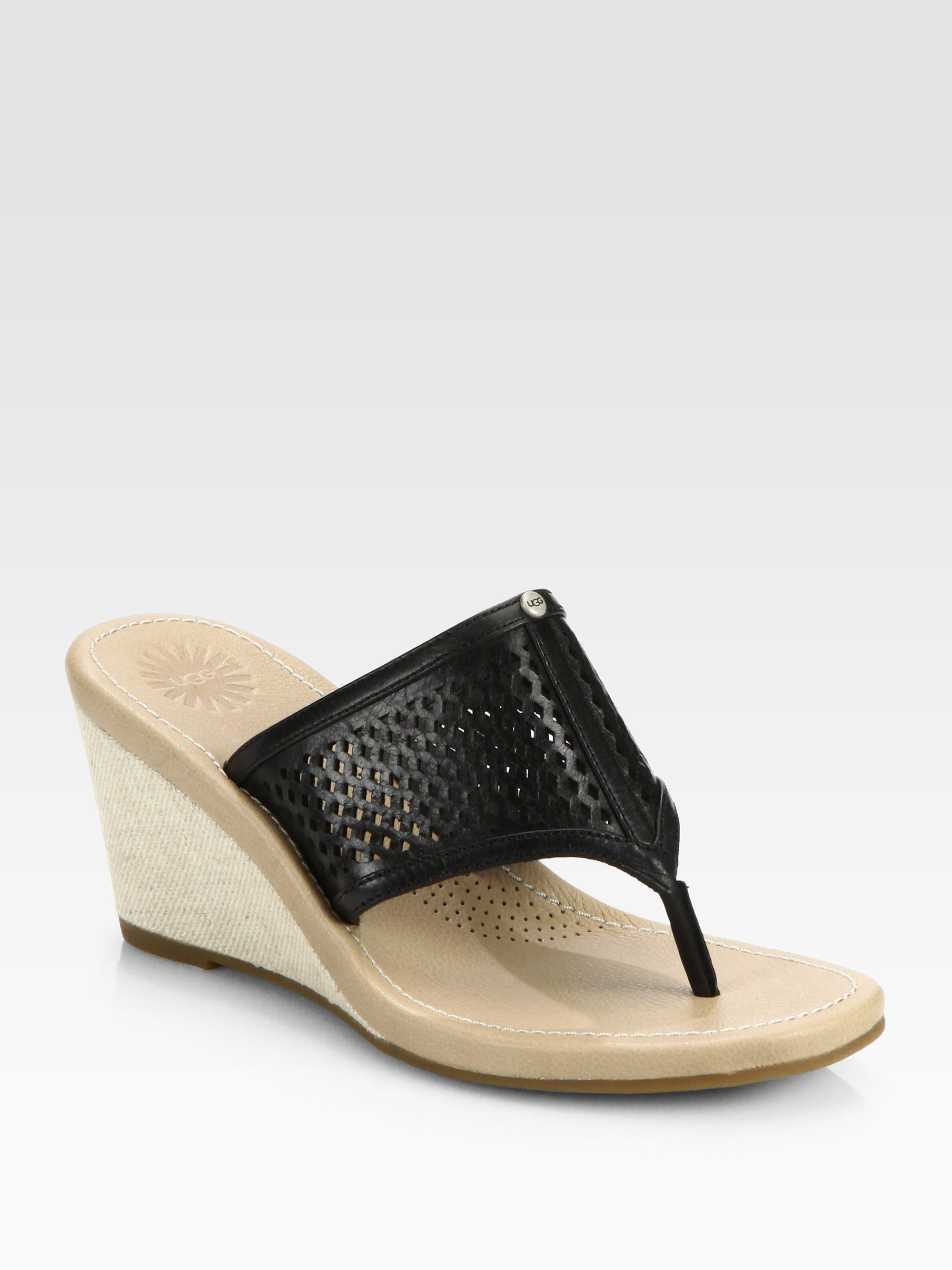 Lyst - UGG Solena Leather Canvas Wedge Sandals in Black