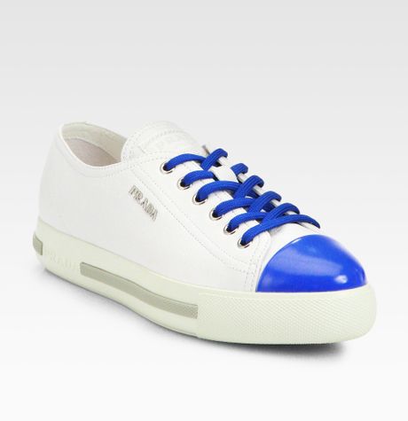 Prada Bicolor Leather Laceup Sneakers in White (white-blue) | Lyst