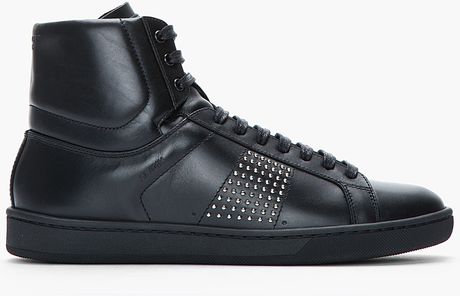 Saint Laurent Black Studded Leather Classic Hightop Sneakers in Black ...