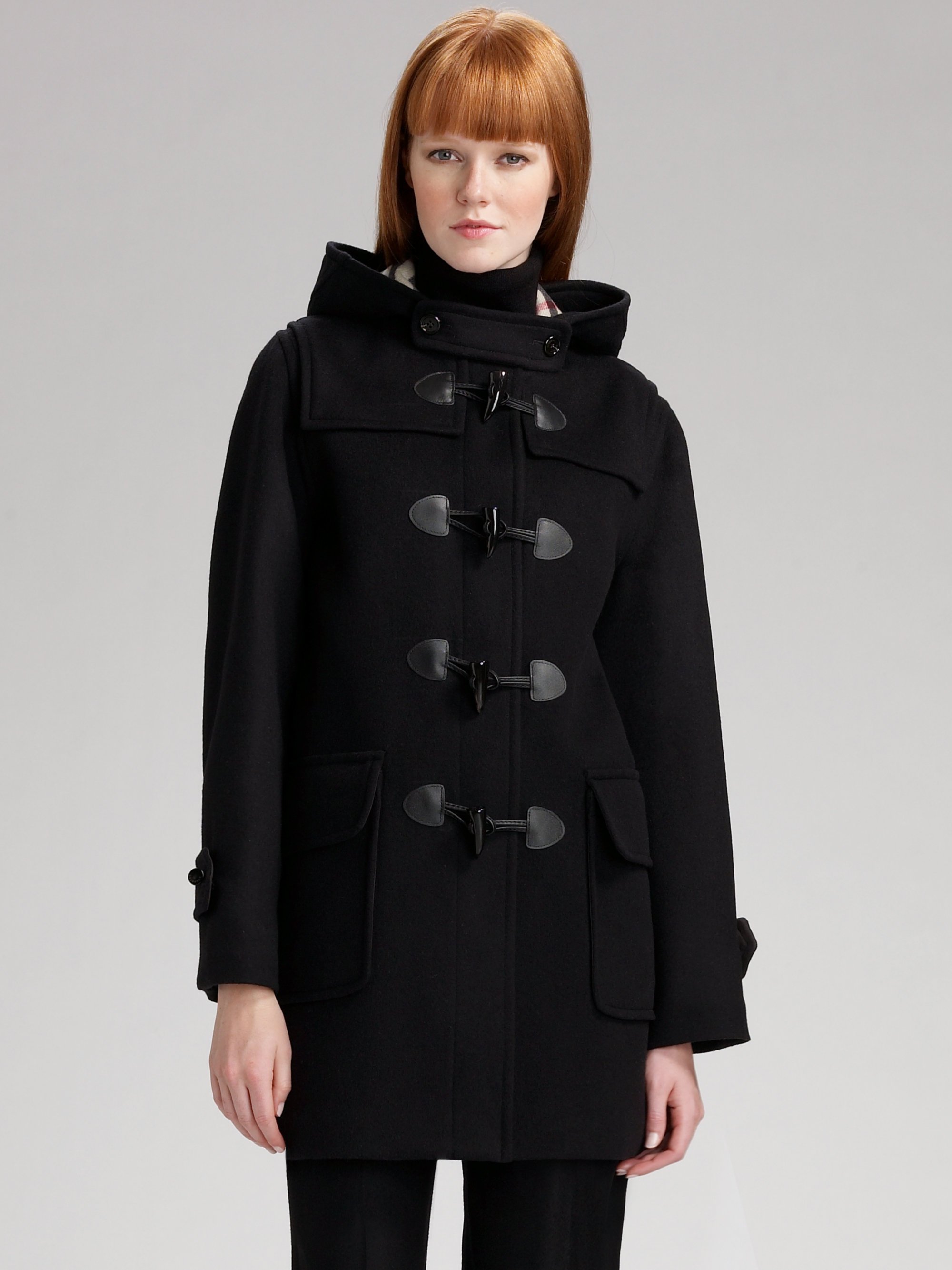 Burberry Hooded Wool Duffle Coat in Black | Lyst