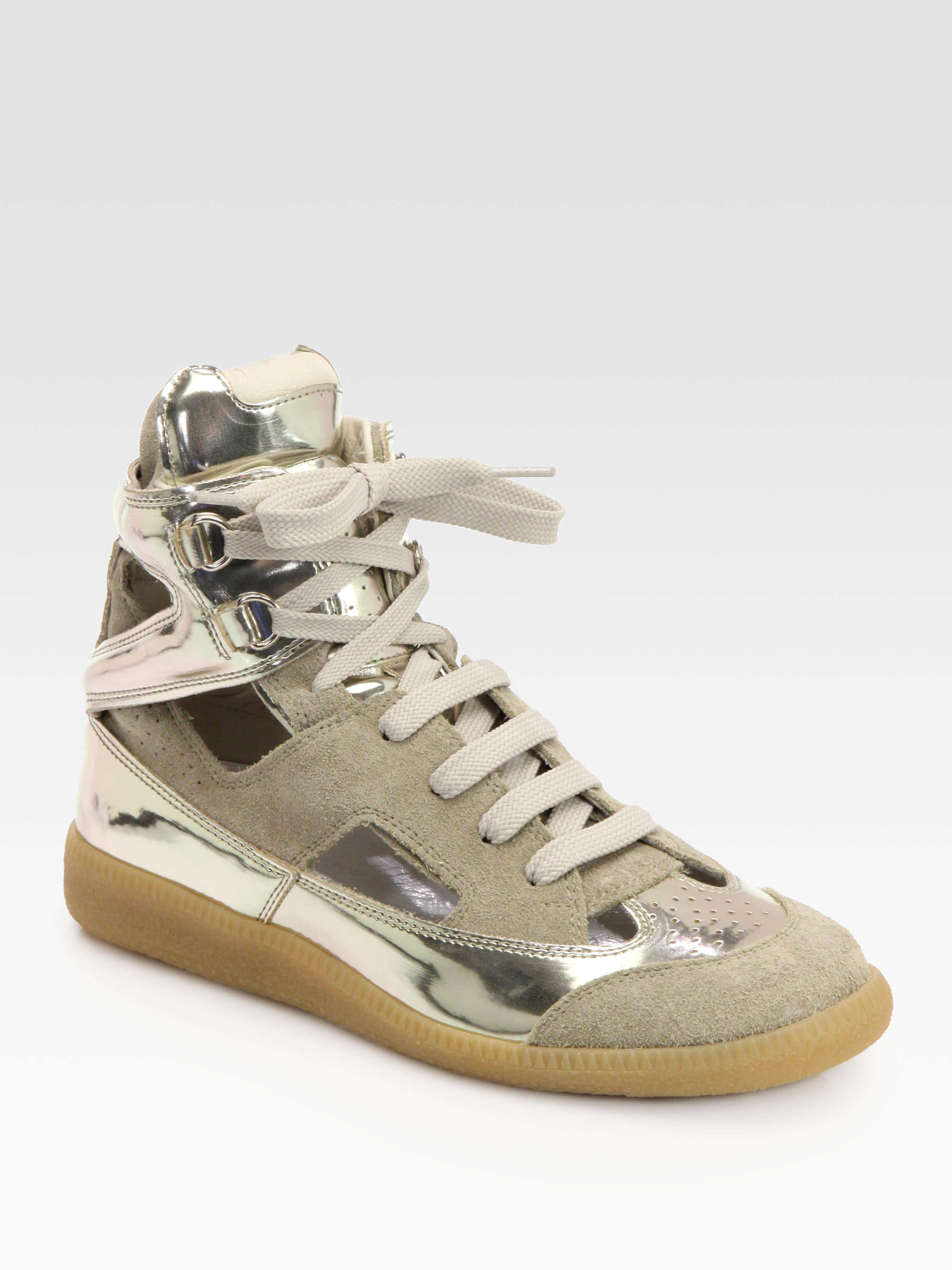 Maison Margiela Cutout Suede Metallic Leather Sneakers in Beige | Lyst