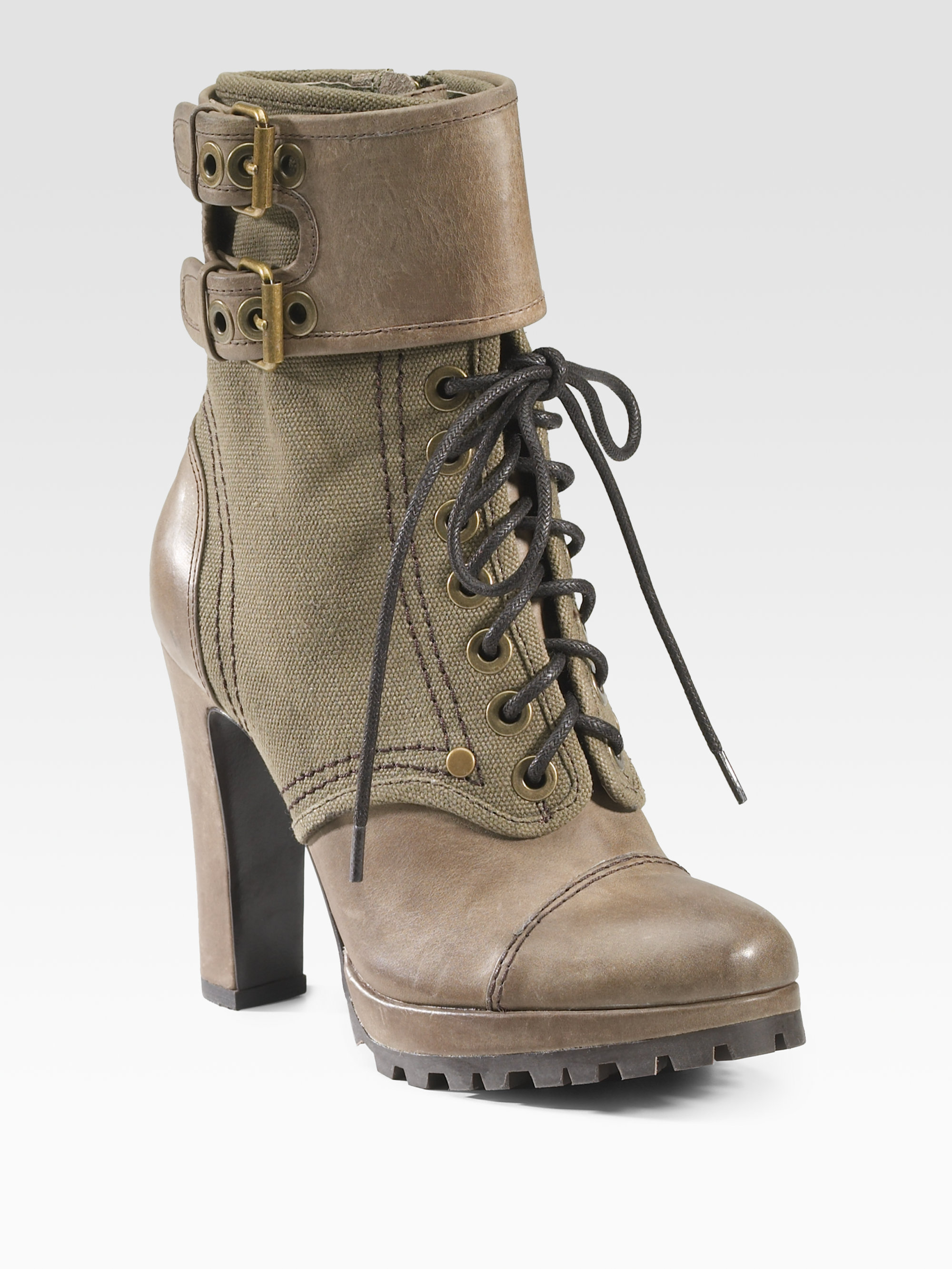 Dolce Vita Joelle Laceup Lugsole Leather Canvas Boots in Brown (olive ...