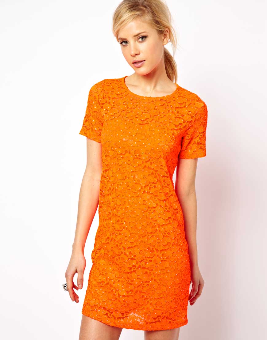 Lyst Asos Collection Sparkle Shift Dress in Lace in Orange