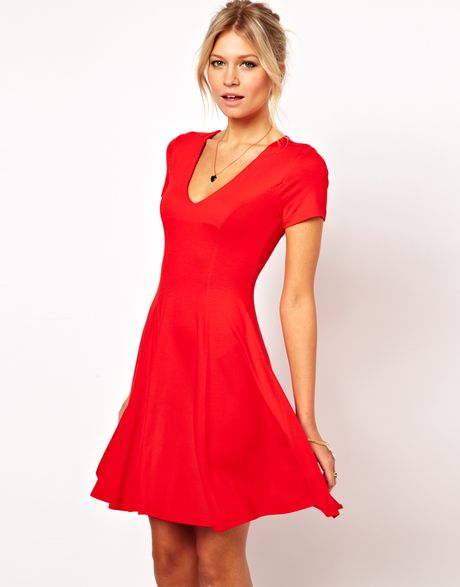 Asos Collection Skater Dress with V Neck and Short Sleeves in Red | Lyst