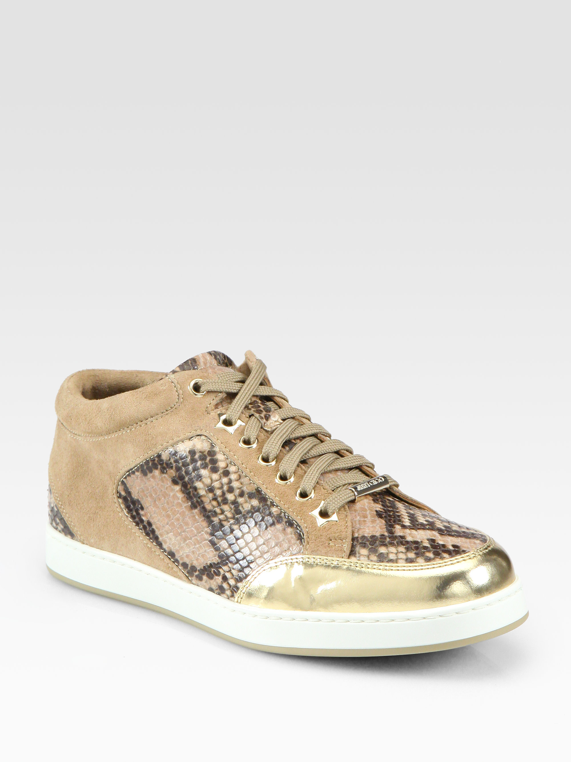 Jimmy Choo Miami Snake Print Leather Suede Laceup Sneakers in Khaki ...