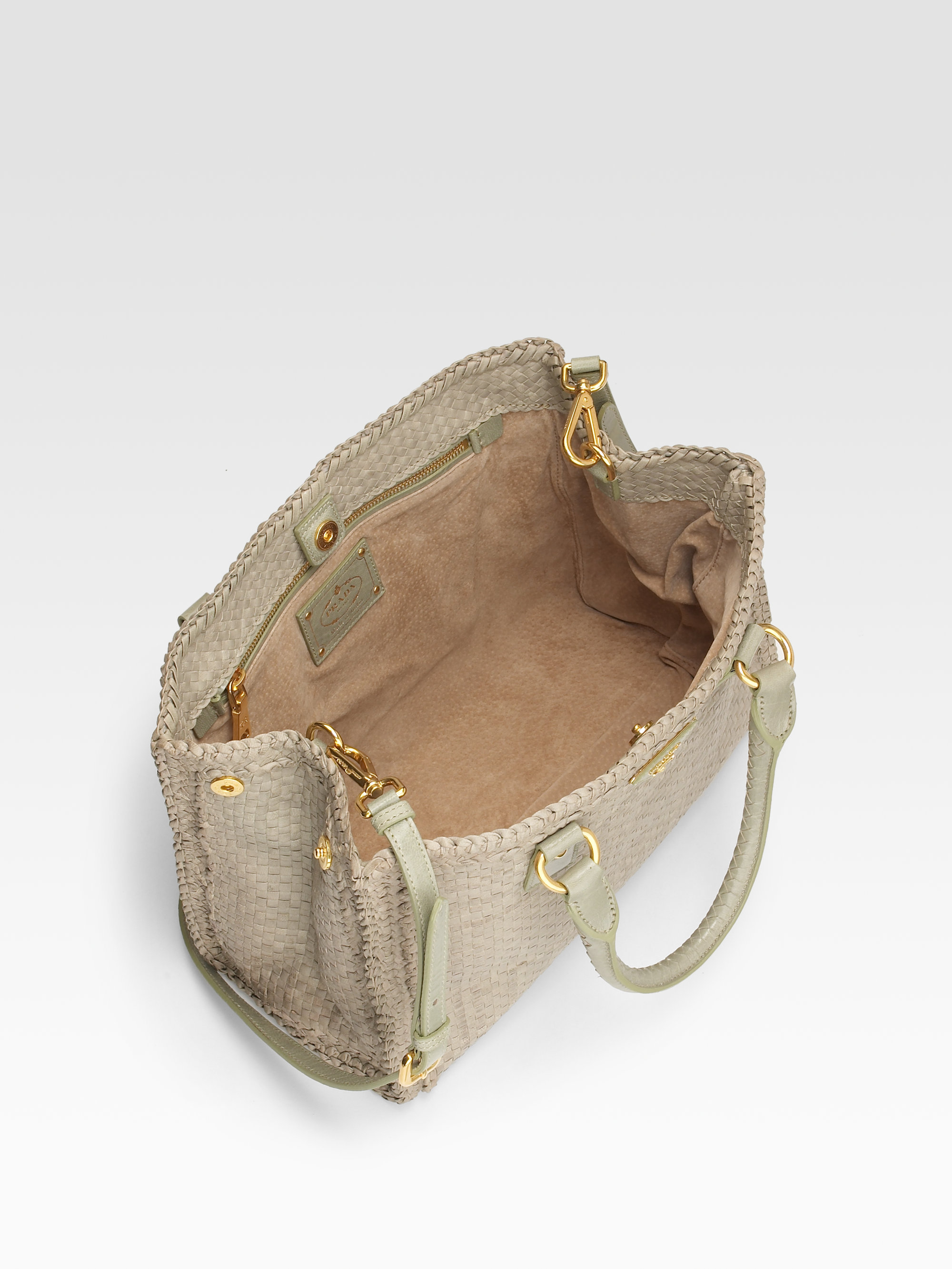 Prada Madras Double Handle Small Tote Bag in Beige | Lyst