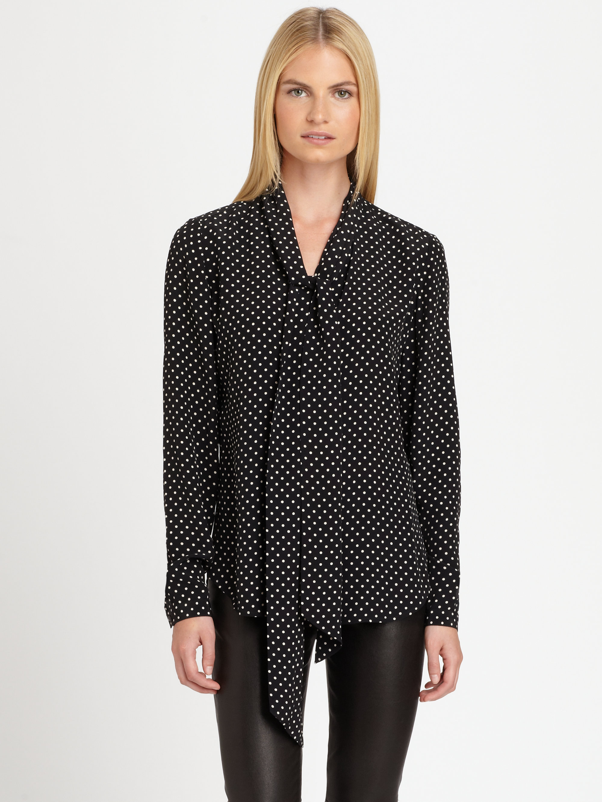 white and black polka dot blouse