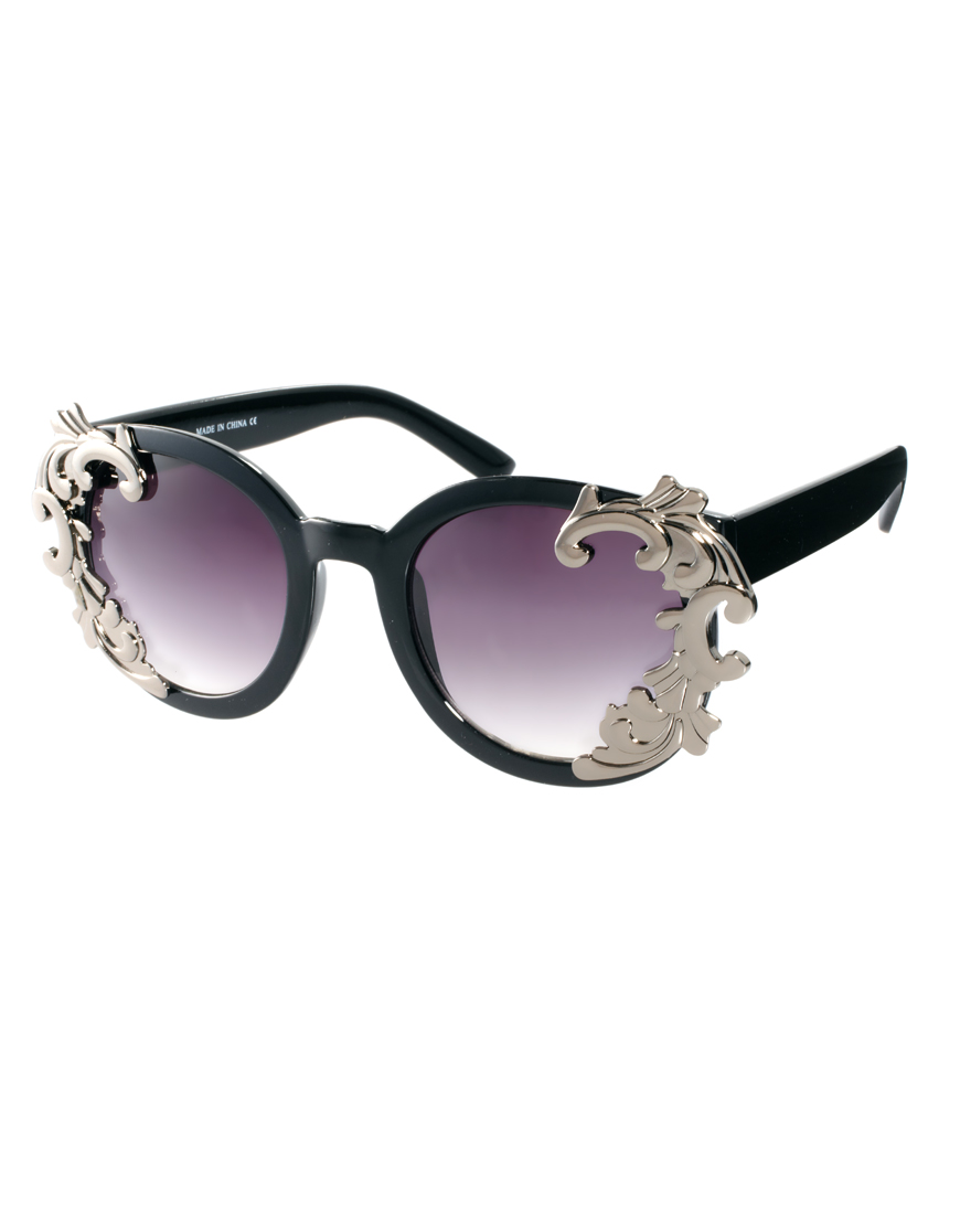 Lyst - Asos Round Sunglasses with Filigree Corner Detail in Black