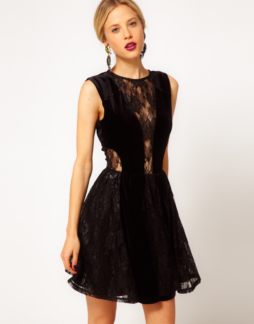 Asos Skater Dress In Lace And Velvet In Black Lyst