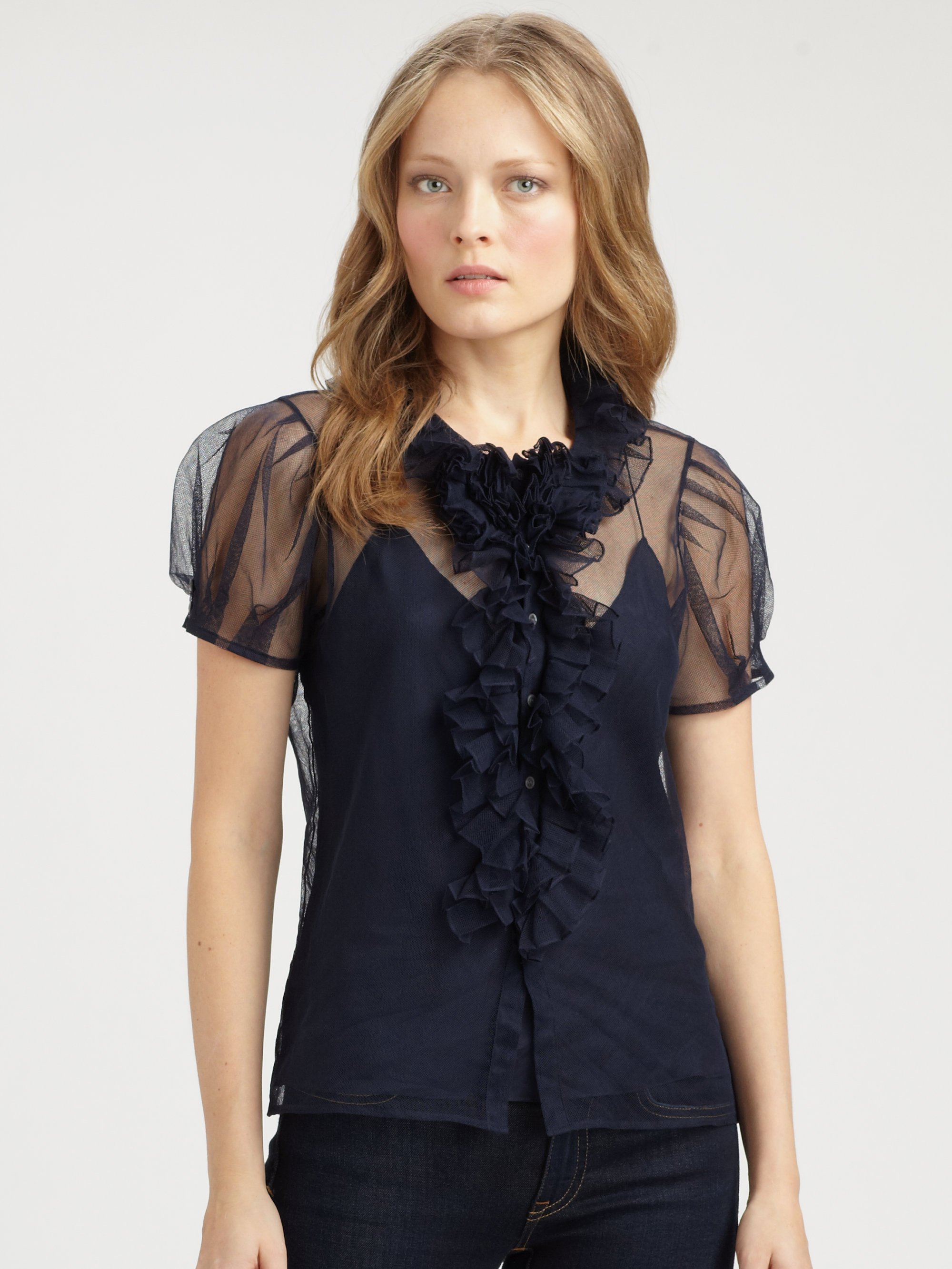 Ralph lauren blue label Silk Tulle Ruffled Blouse & Camisole in Blue | Lyst