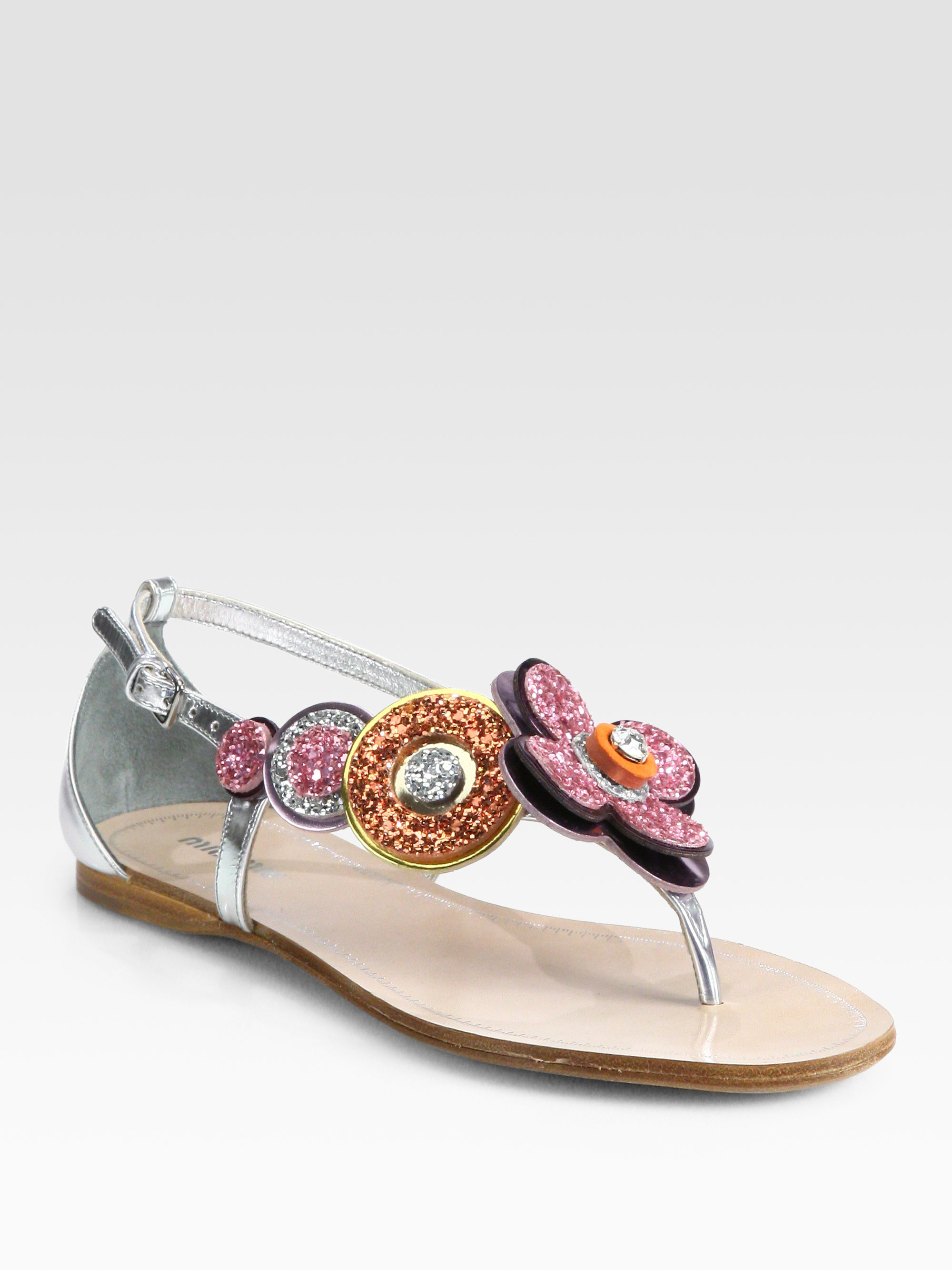 Miu Miu Glitter Jeweled Flower Metallic Leather Sandals in (rosa-pink ...