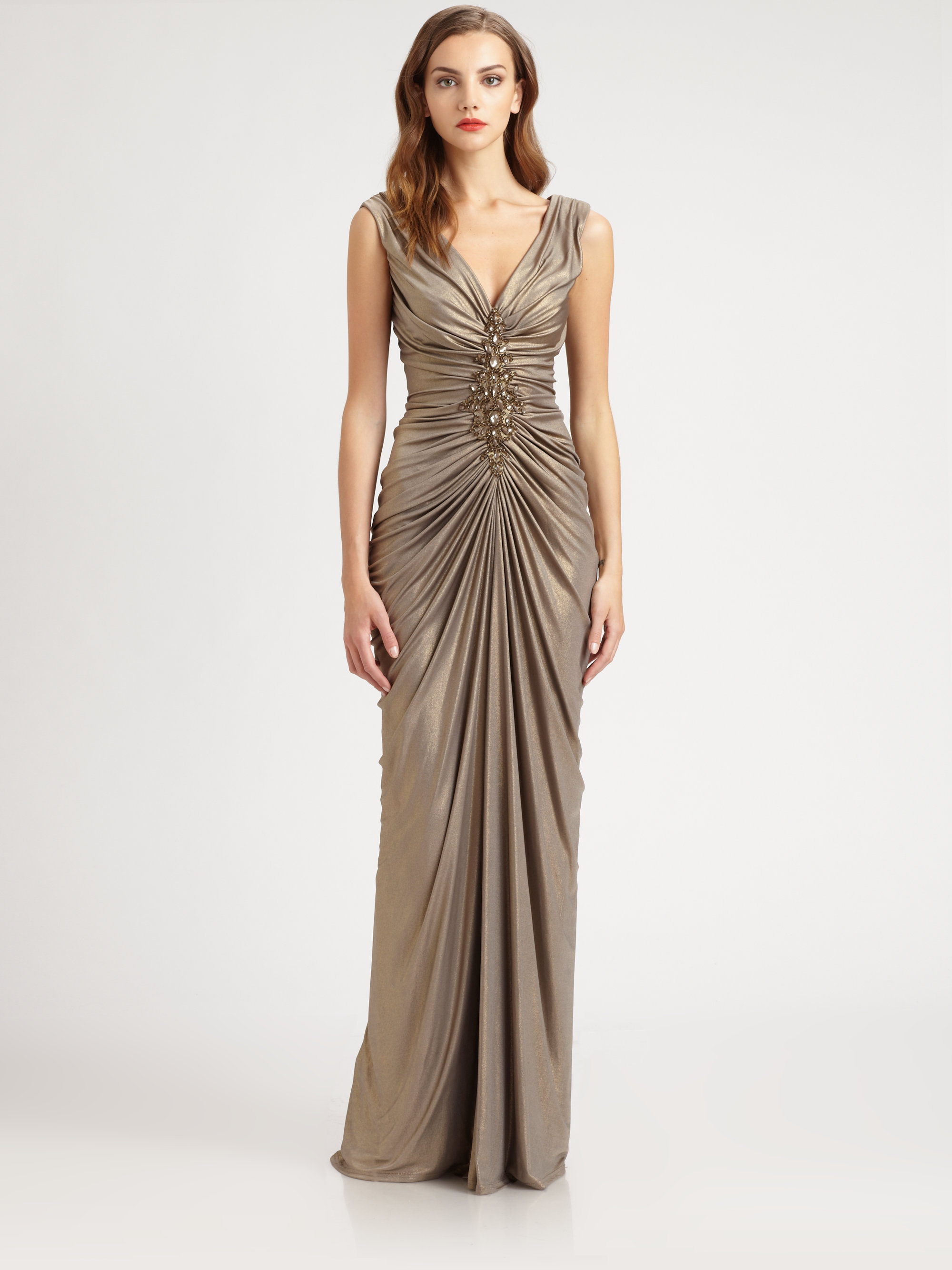 Tadashi Shoji Metallic Jersey Dress in Gold | Lyst