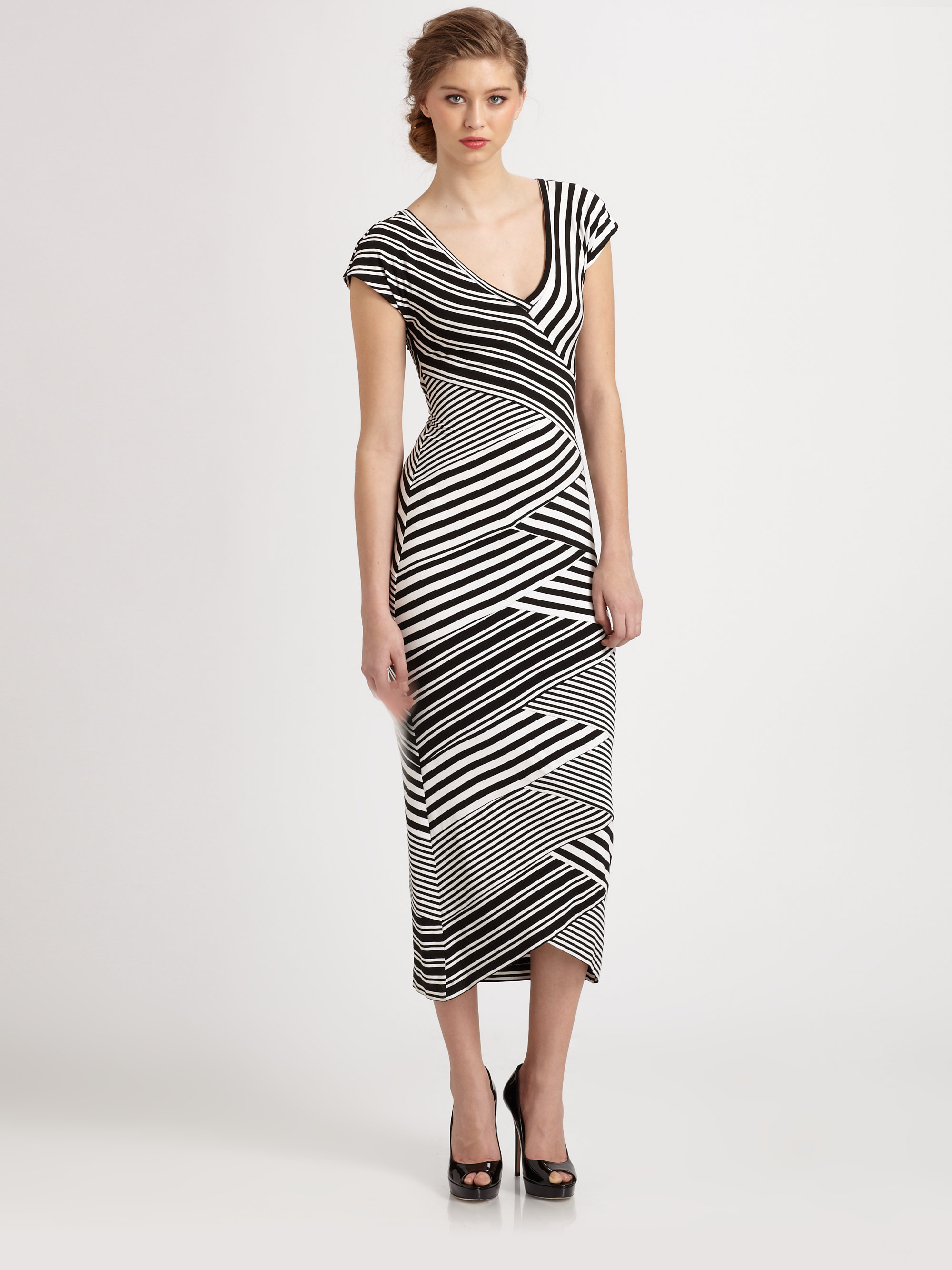 Nicole miller Diagonal Striped Stretch Jersey Dress in Black | Lyst