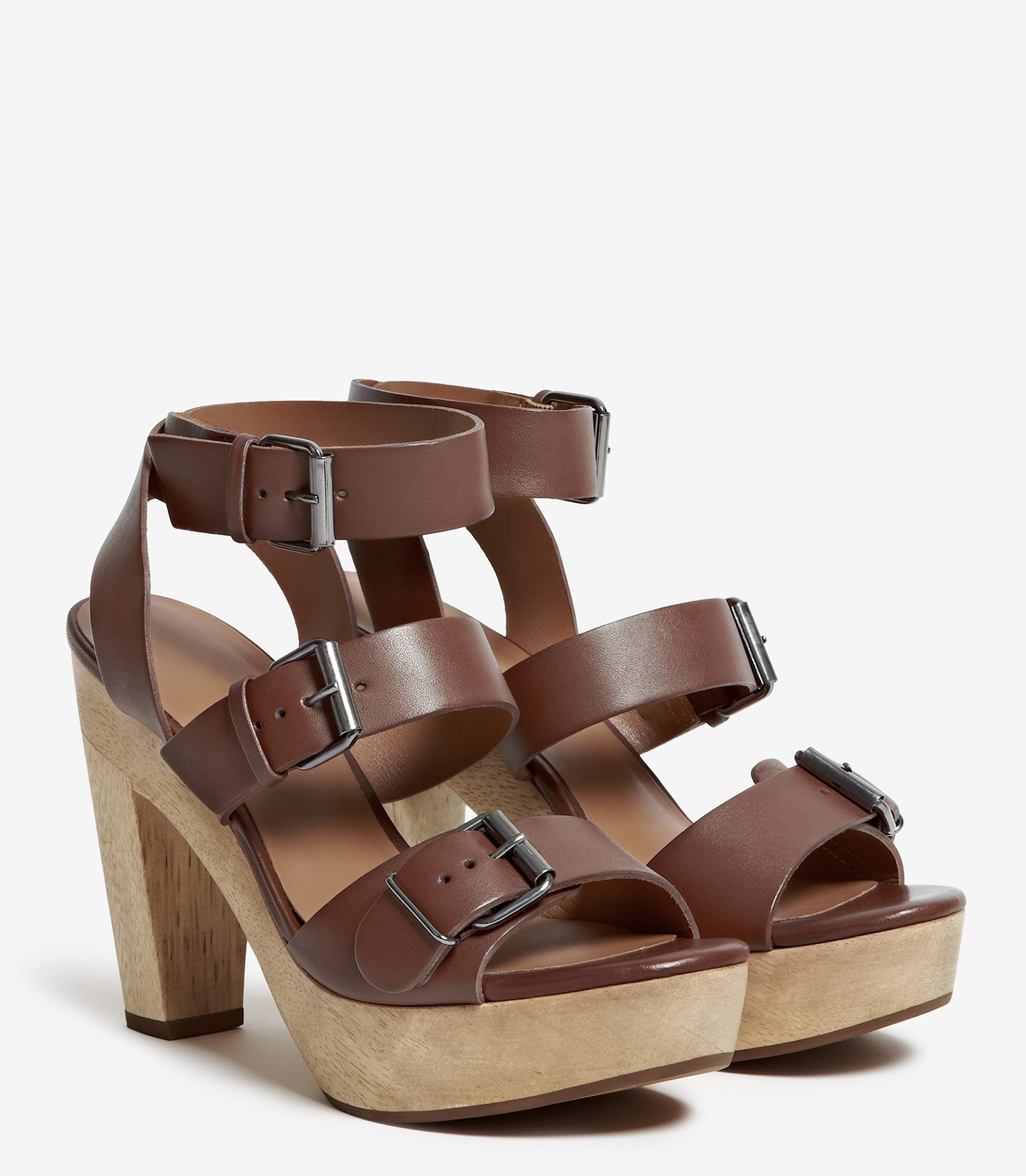 Reiss Blythe Buckle  Strap Wood Platform Sandal  in Brown Lyst