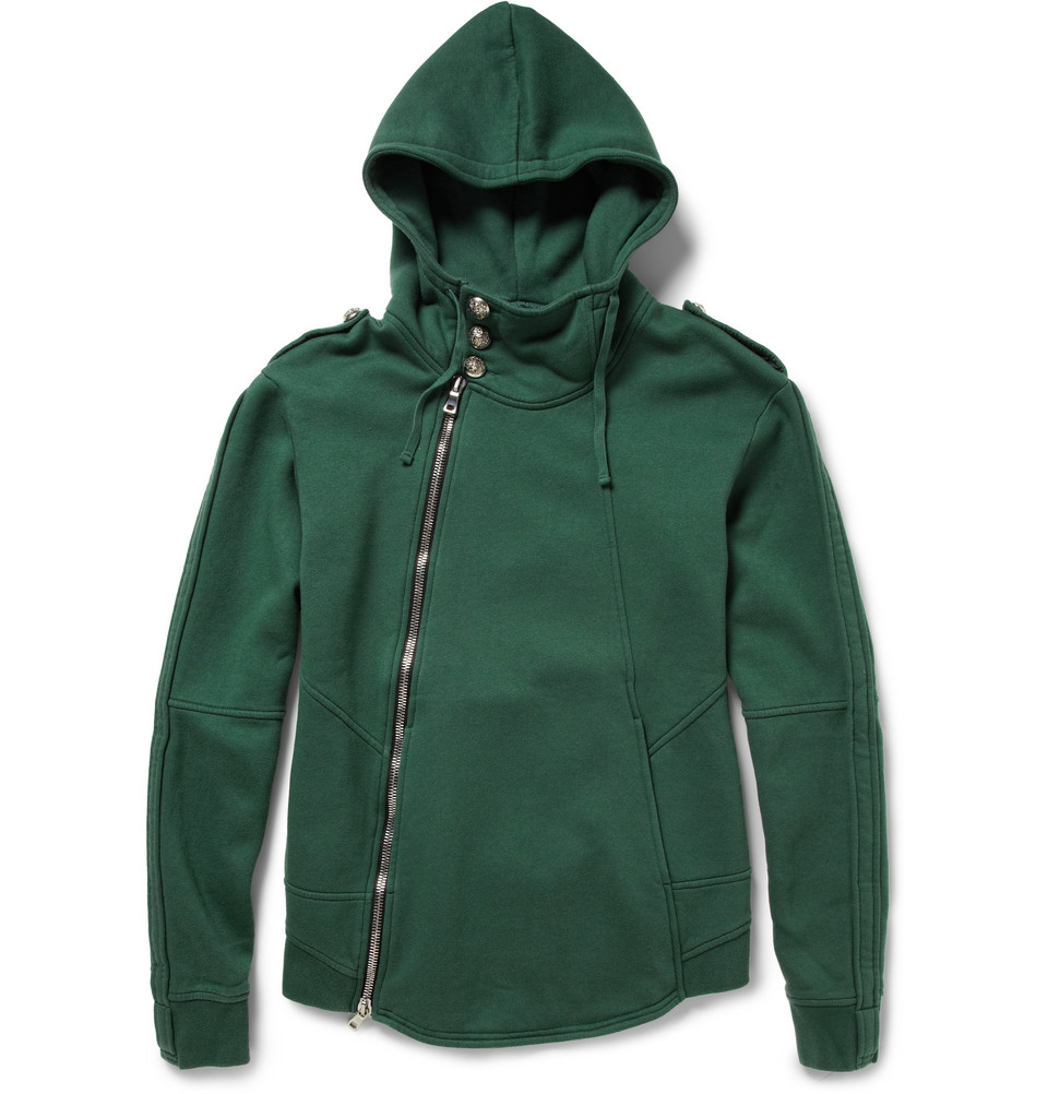 Balmain Button Embellished Cotton Jersey Hoodie in Green for Men | Lyst