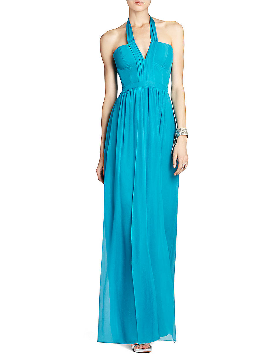 Bcbgmaxazria Starr Deep Vneck Silk Halter Dress in Blue (jade) | Lyst