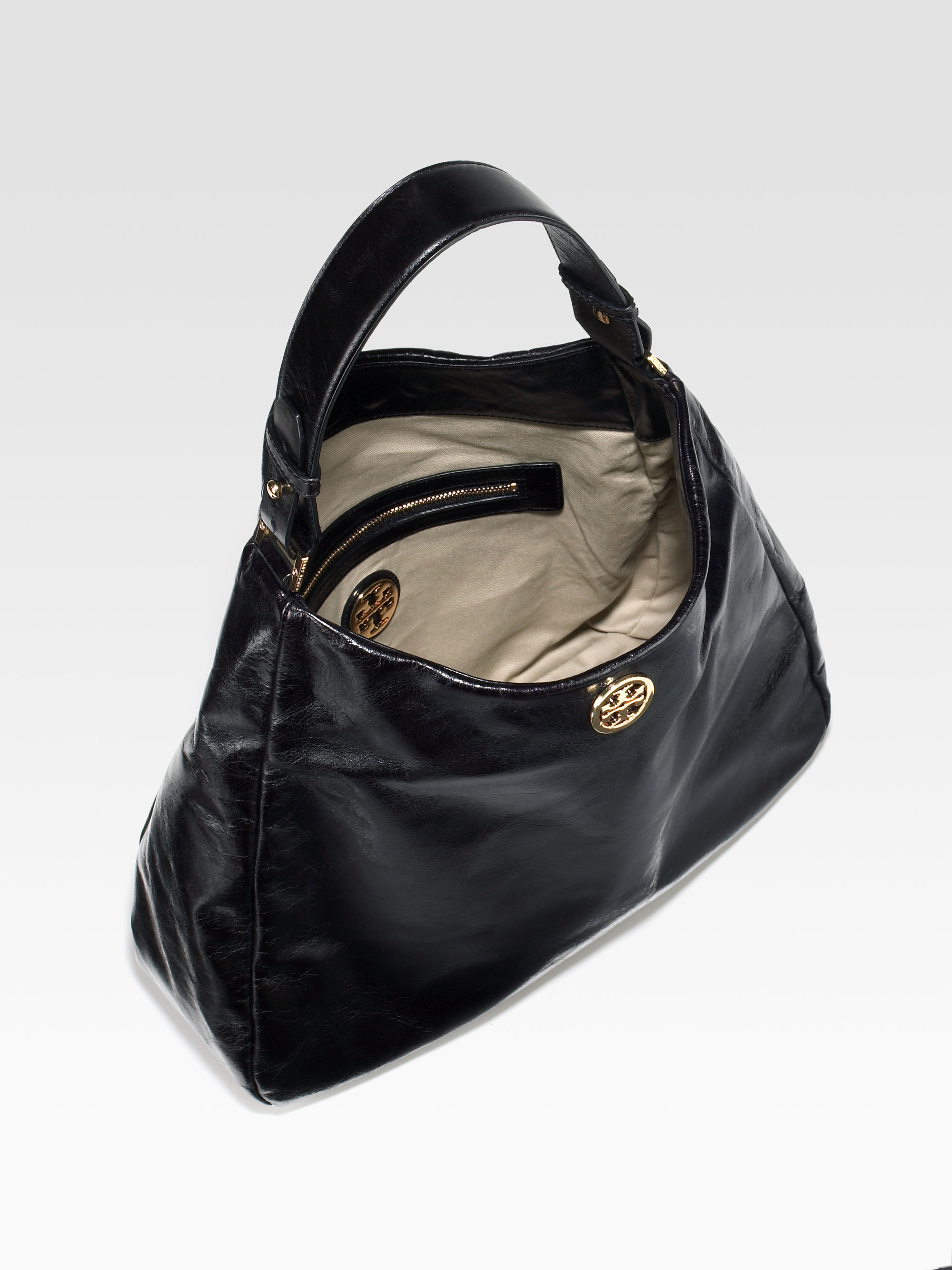 Lyst - Tory Burch Dena Glazed Leather Hobo Bag in Black