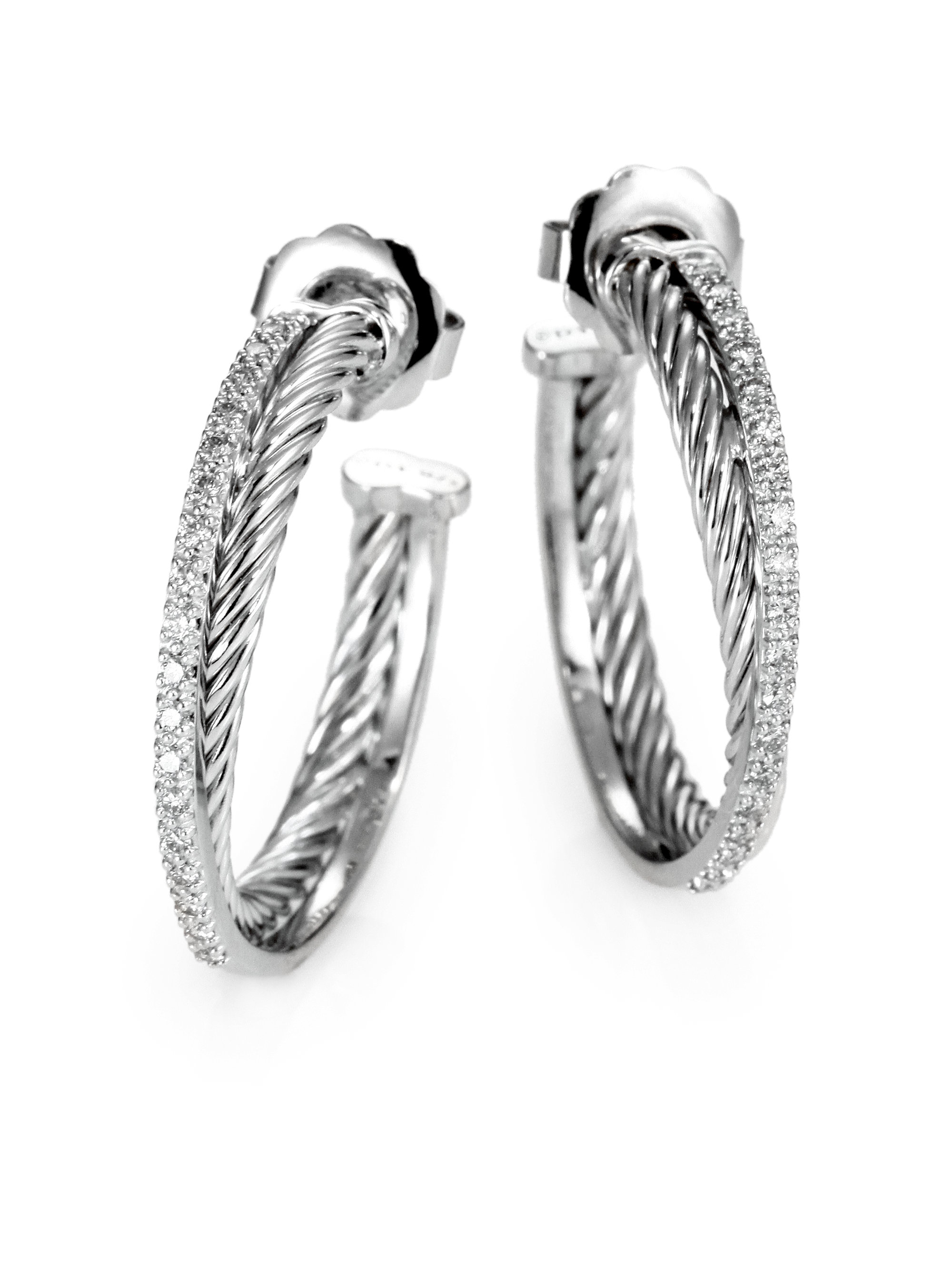 David Yurman Diamond Sterling Silver Hoop Earrings125 in Silver | Lyst