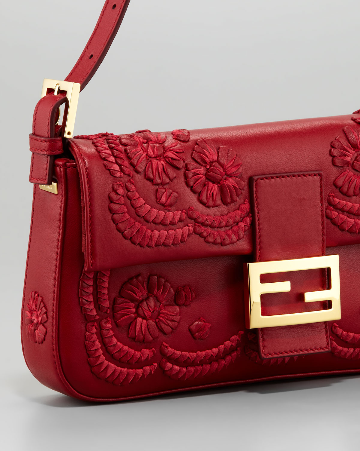 Lyst Fendi Embroidered Leather Baguette Shoulder Bag in Red