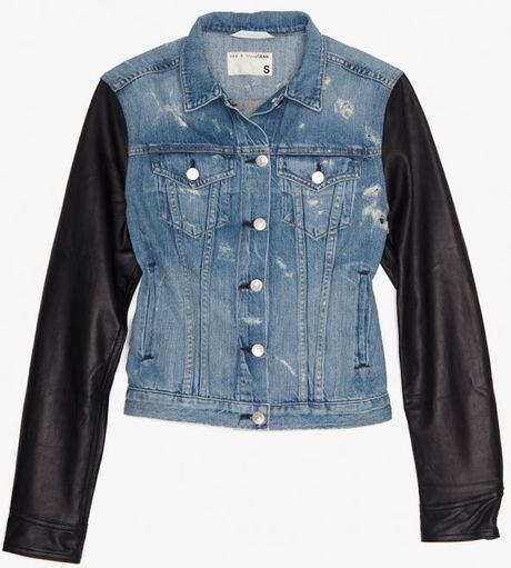 Rag & Bone Tattered Leather Sleeve Denim Jacket in Blue (denim-) | Lyst