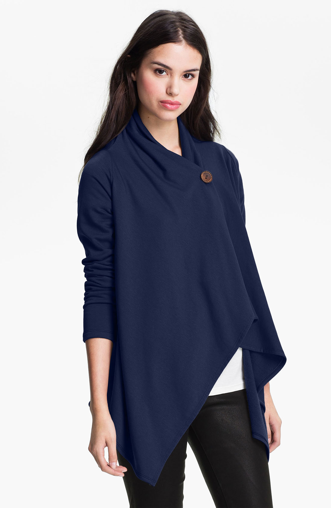 Bobeau Asymmetrical Fleece Wrap Cardigan in Blue (navy peacoat) | Lyst