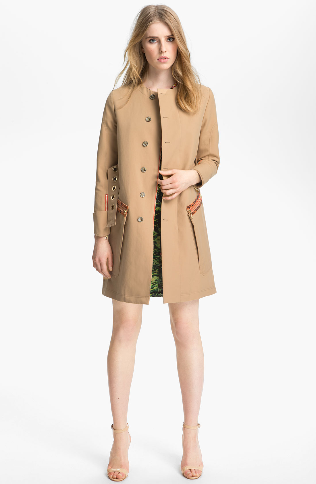 Kenzo Belted Leather Trim Trench Coat in Beige (dark beige) | Lyst