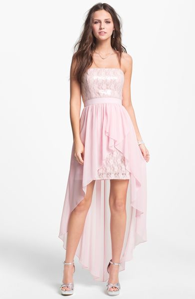 Aidan Mattox Embellished Lace Chiffon High Low Dress in Pink (light ...