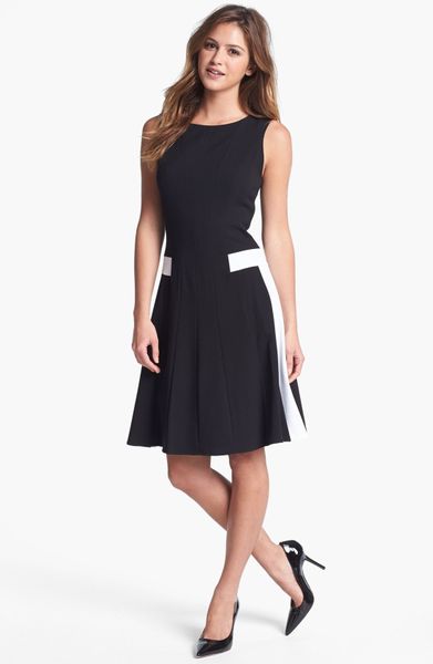 Calvin Klein Colorblock Fit Flare Dress in Black (black/ white) | Lyst