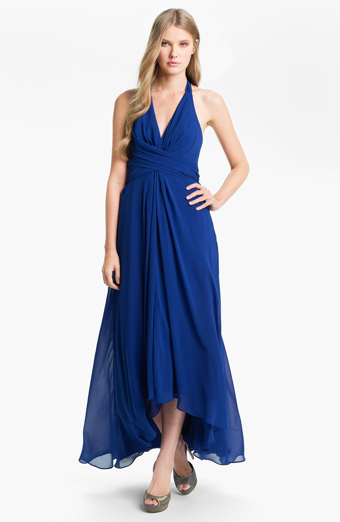 Donna Ricco Wrap Bodice Chiffon Halter Gown in Blue (lake blue) | Lyst