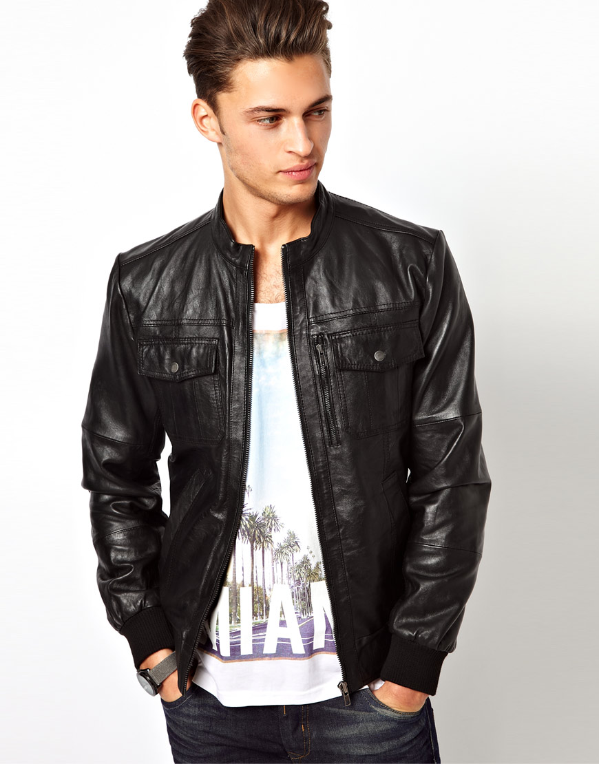 Lyst - River Island Leather Collarless Jacket in Black for Men