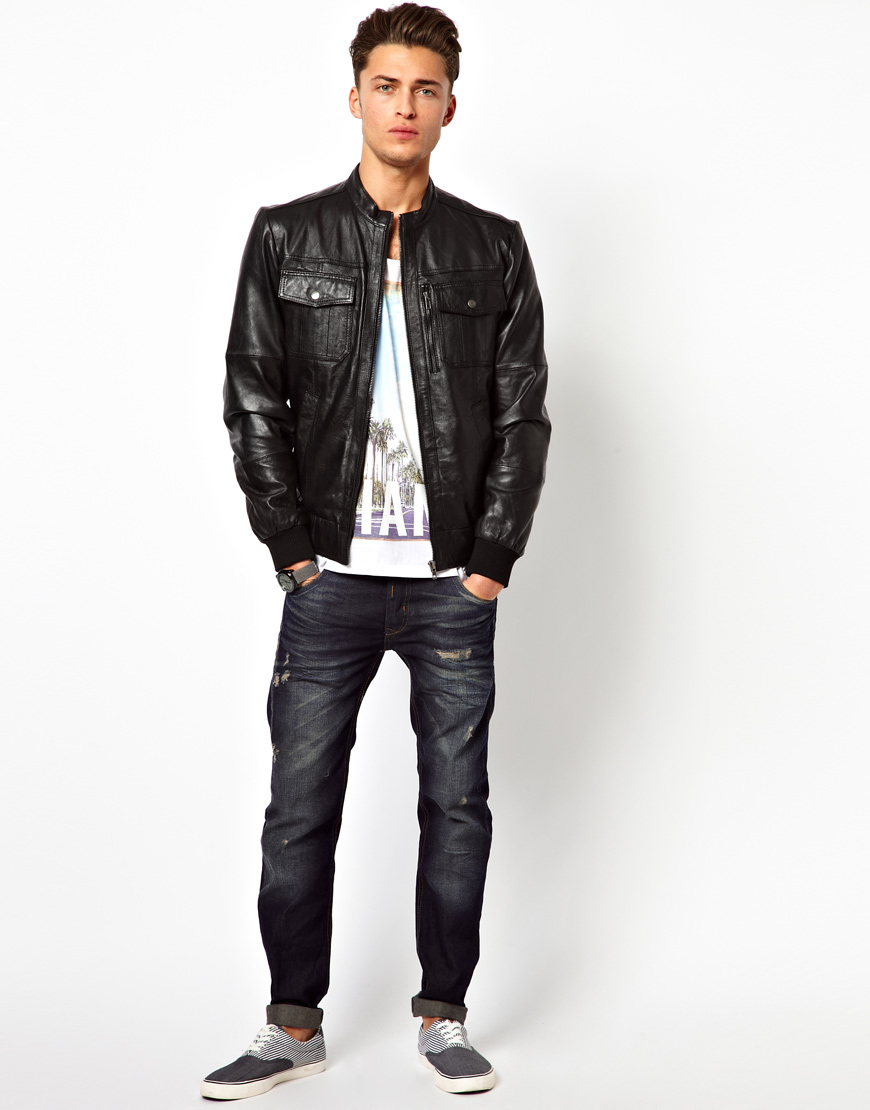 Lyst - River Island Leather Collarless Jacket in Black for Men